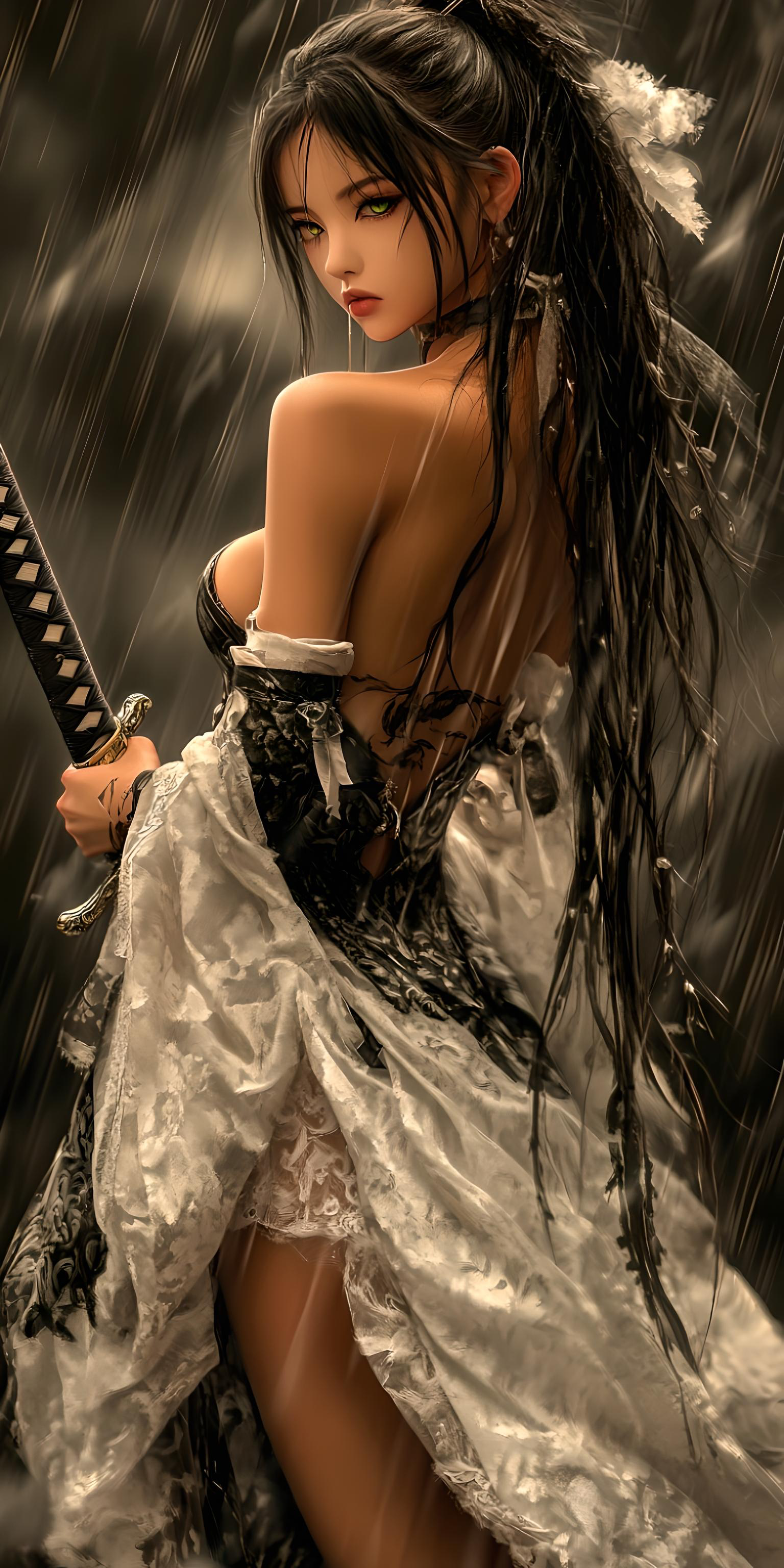 Midjourney prompt: A woman stands with her back turned, holding a sword. She has long, dark hair an...