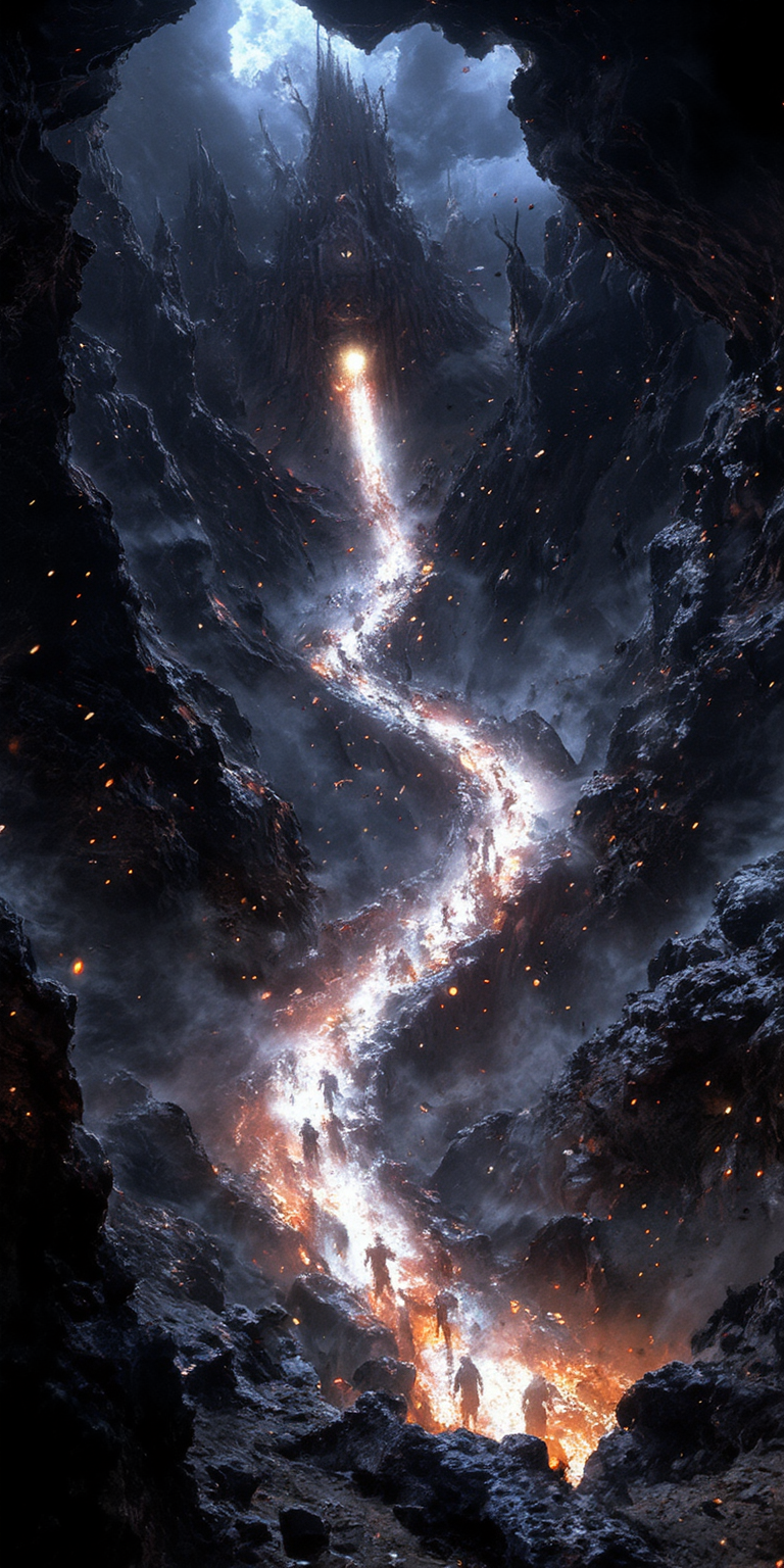 FLUX prompt: A towering, ancient gate to the underworld looms in the distance, carved from da...