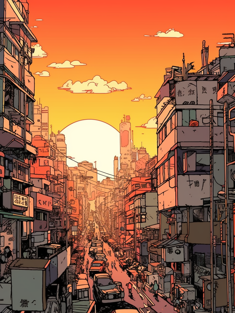 Midjourney prompt: Vibrant, outline red and yellow, cityscape technicolor background, comic book pa...