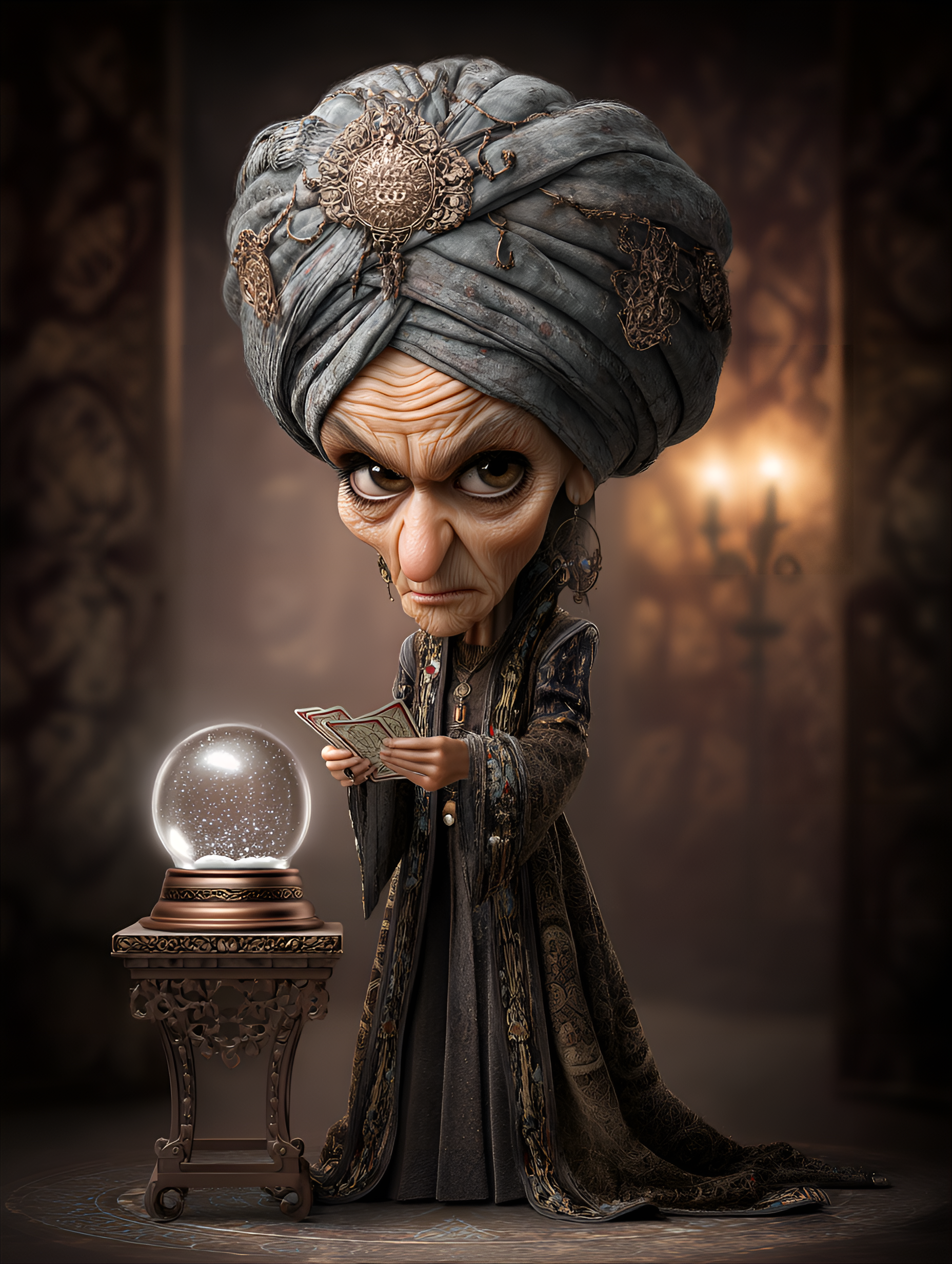 Midjourney prompt: funny caricature, quirky fortune teller caricature, elderly middle eastern femal...
