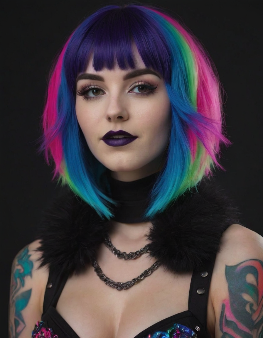 Stable Diffusion prompt: Raver girl with a macabre twist. Imagine her as a vibrant mix of darkness and ne...