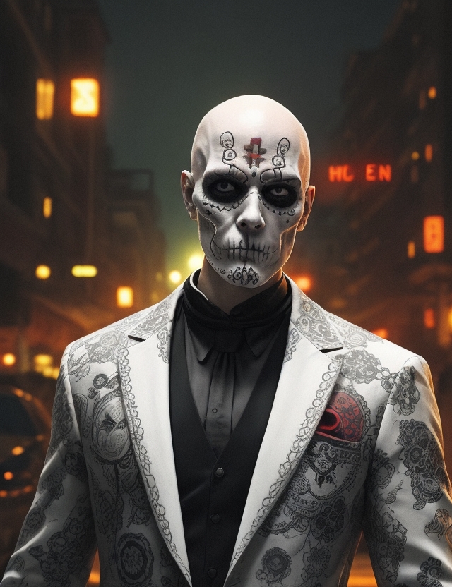Stable Diffusion prompt: high detail, colorful, sugar skull man, white thin bald man, hitman style, night...