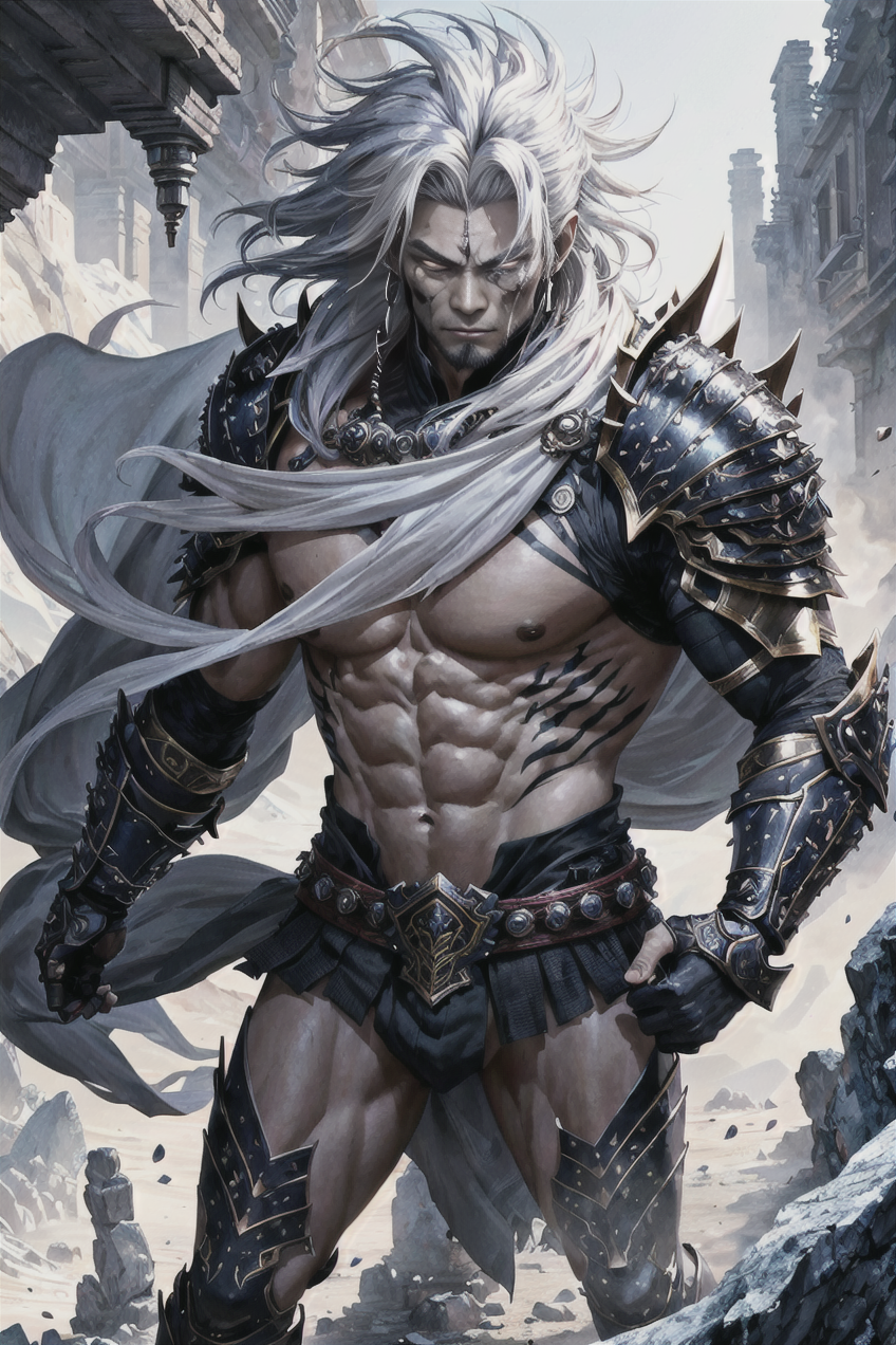 Stable Diffusion prompt: concept art male asian warrior, (auras wrath) art style, intricate oriental body...