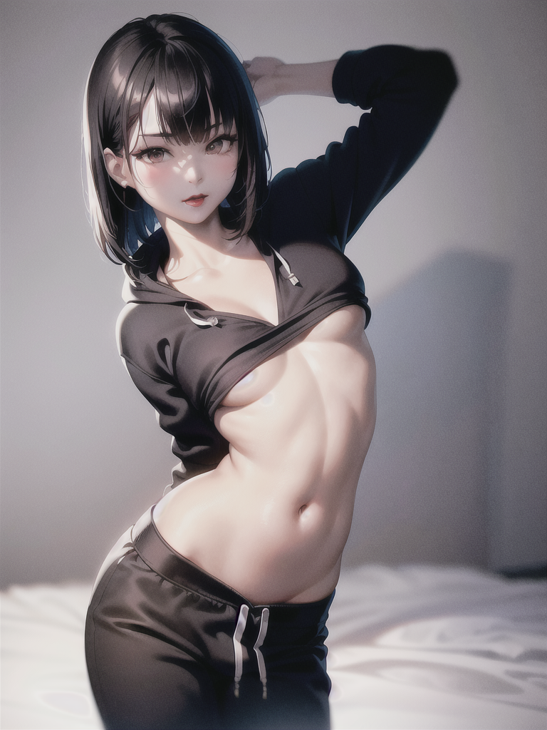 AnythingElse V4 prompt: 1 girl, beautiful Korean girl, (Cute Loose Bob hair), (wearing a cropped hoodie,...
