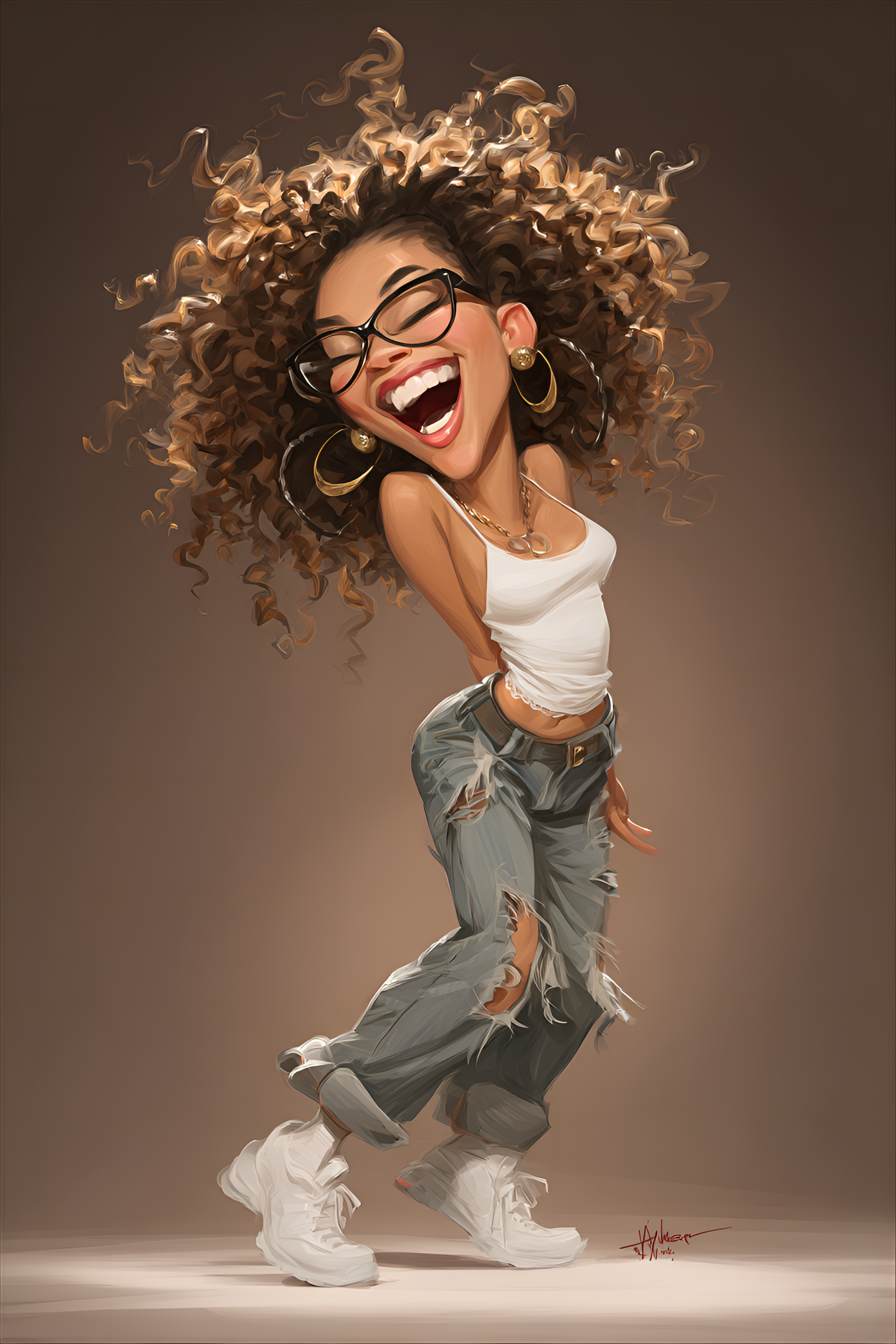 Midjourney prompt: funny caricature, hip-hop dancer caricature, young african-american female, 20 y...