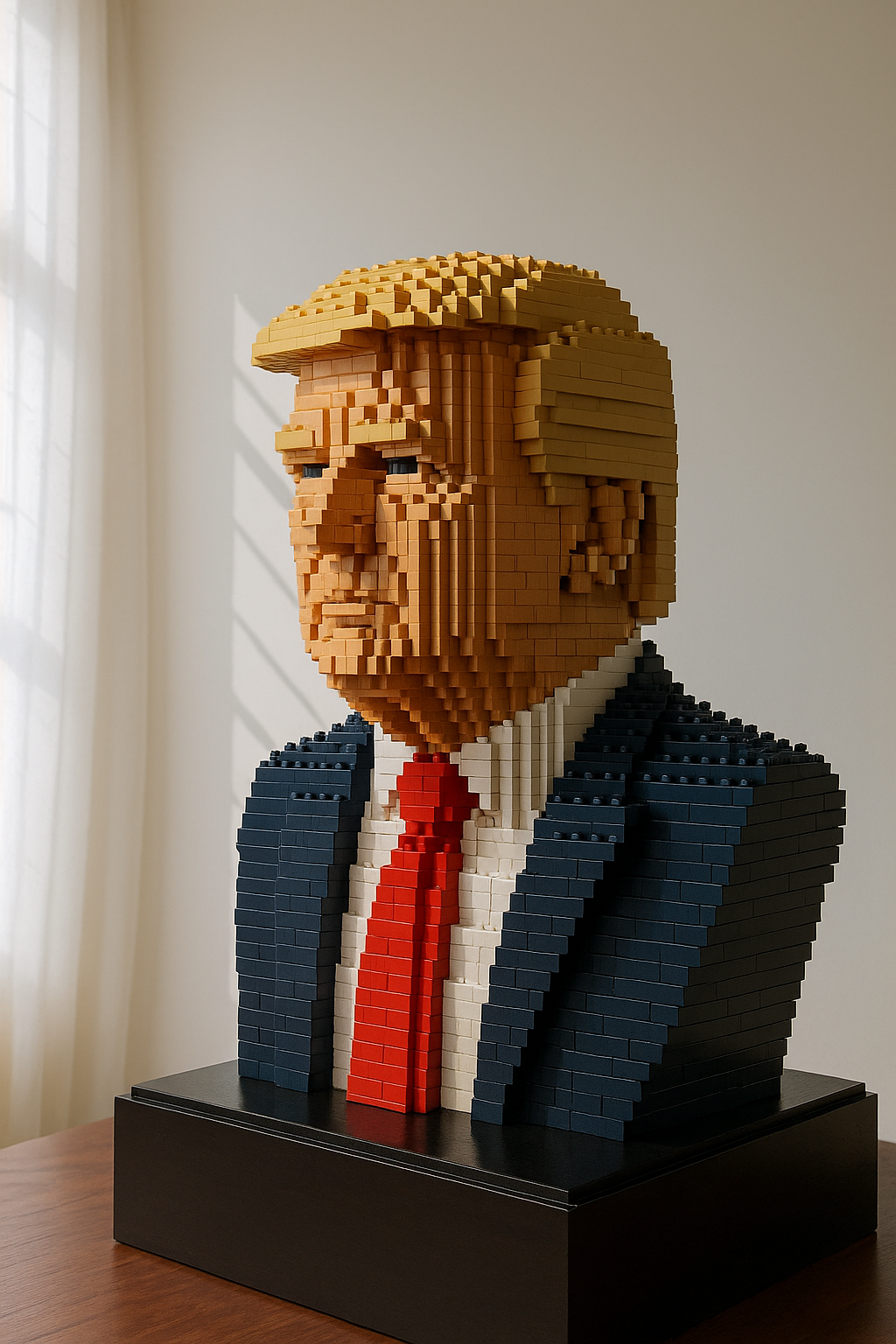 ChatGPT Image prompt: Ultra-detailed Lego bust of Donald Trump, built in the classic Lego mosaic sculp...