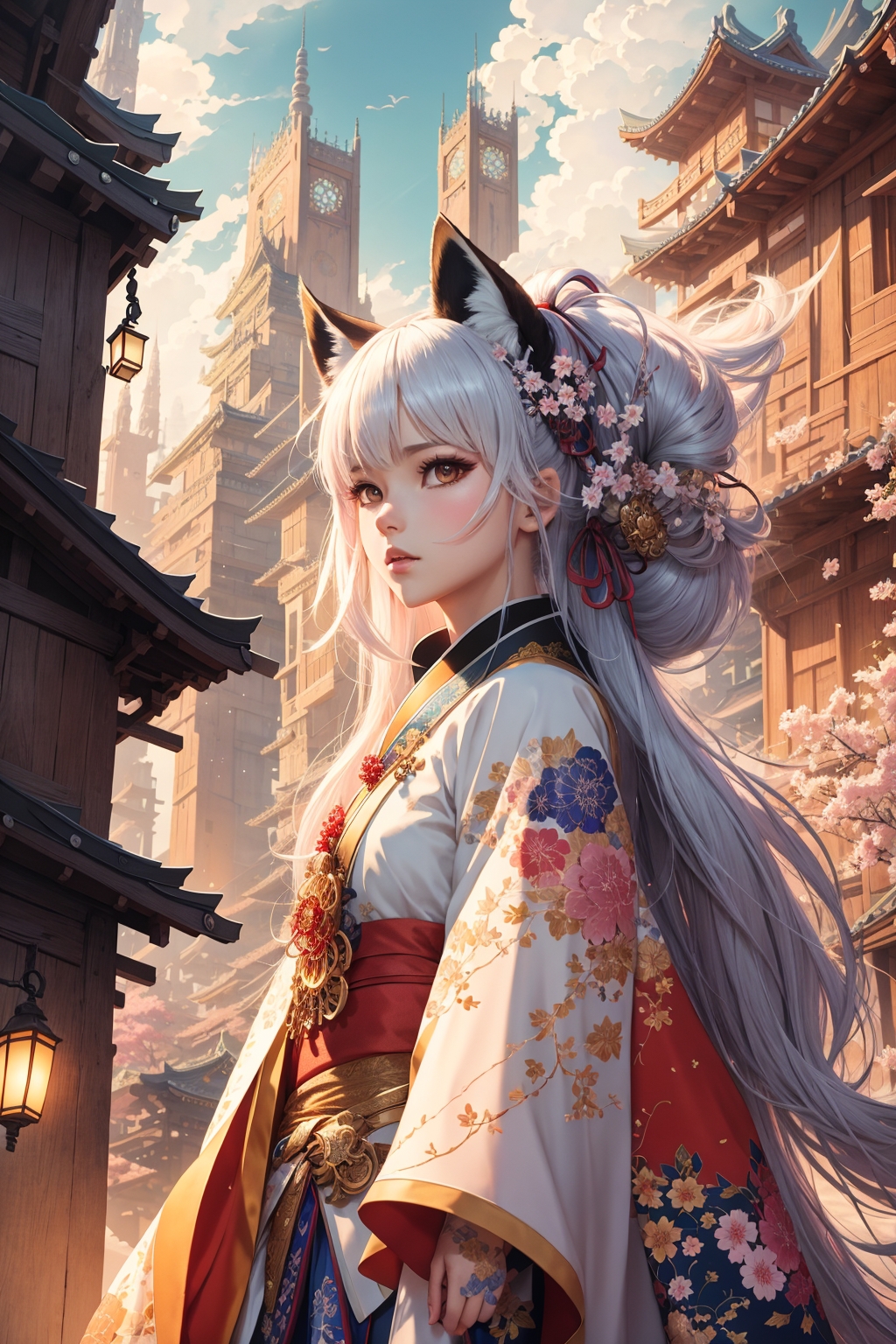 DreamShaper prompt: medium shot, centered, sharp focus, Full body, 1girl, hyperdetailed, kimono, fox...