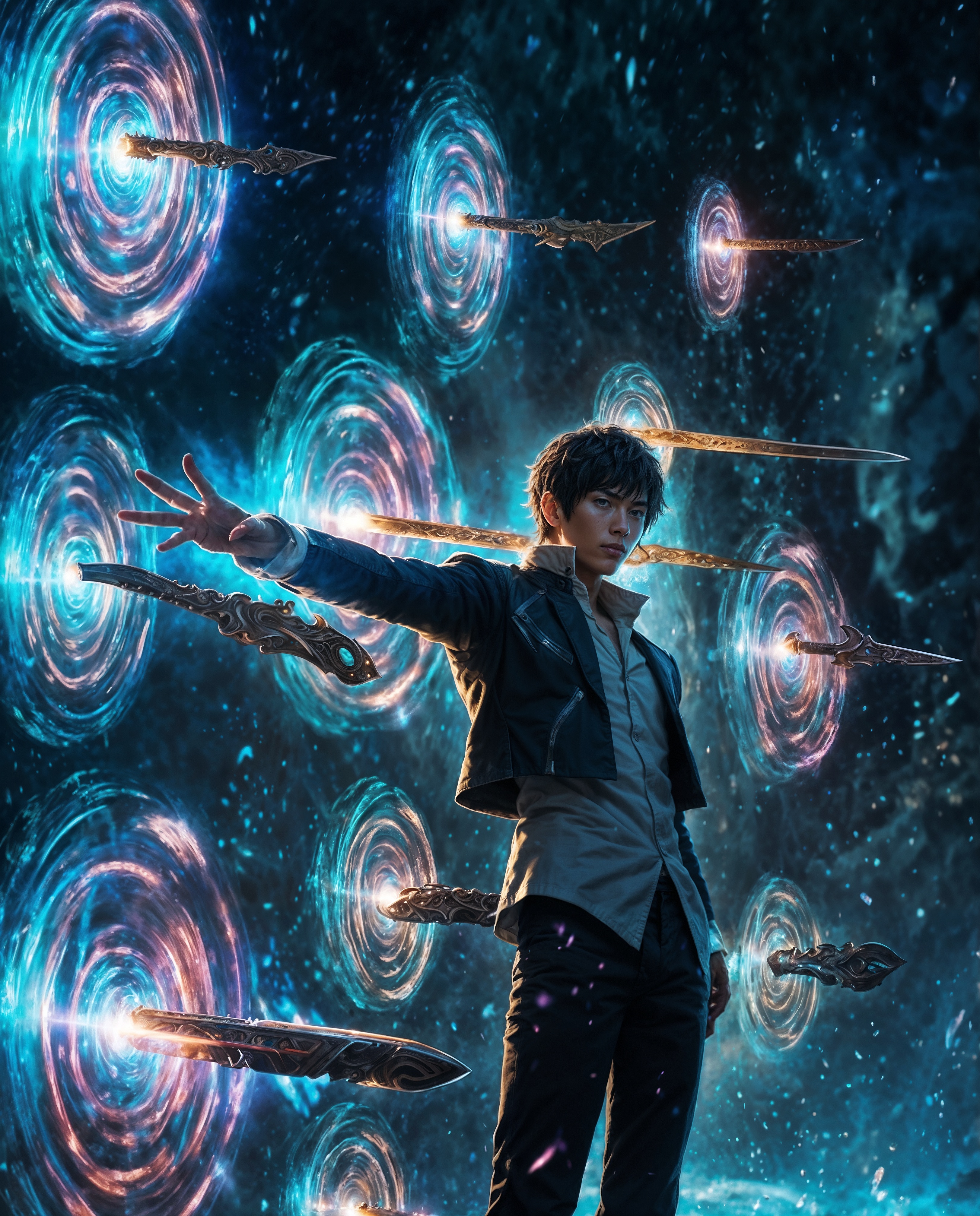 SD XL prompt: In a mesmerizing scene, an ethereal anime man stands amidst swirling portals, ea...
