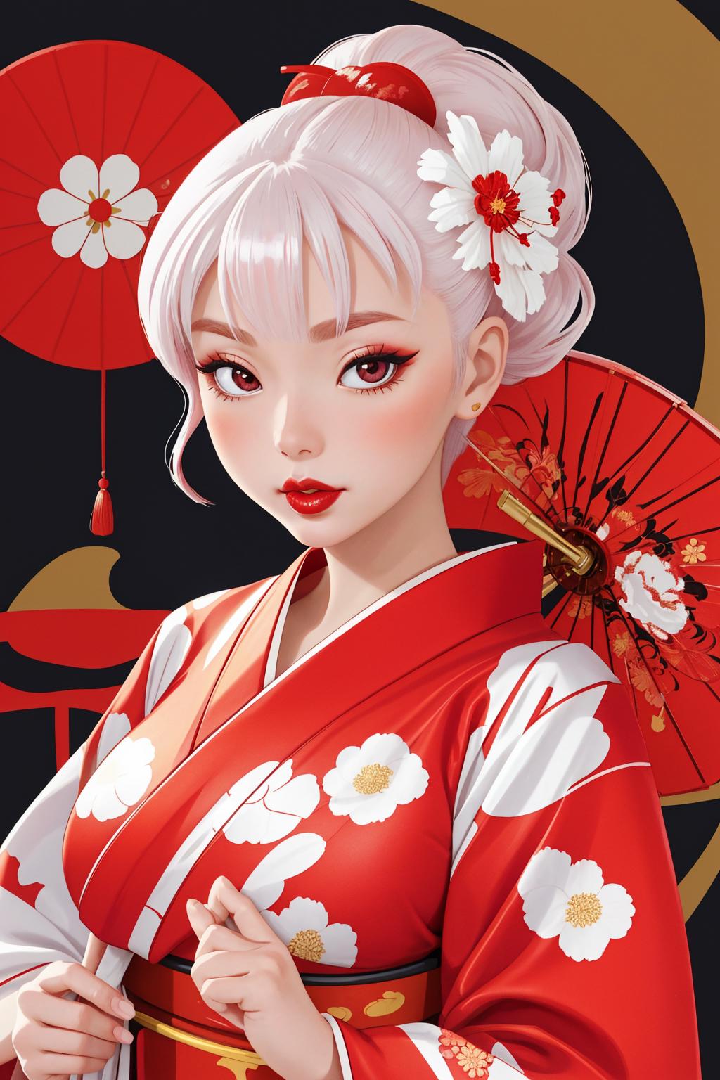 DreamShaper prompt: Masterpiece, 4K, beautiful, kimono, red, white flower pattern,silk kimono, shiny...