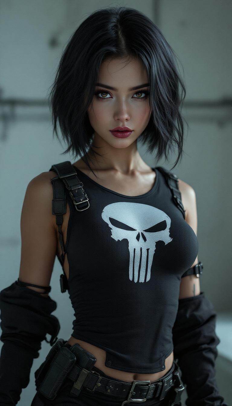 FLUX prompt: Indonesian female dressed as Punisher, (((full body visible))), short black hair...