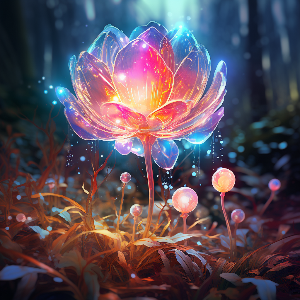 Midjourney prompt: psychedelic flower with lightful bubble bloom, standing in forest clearing, digi...