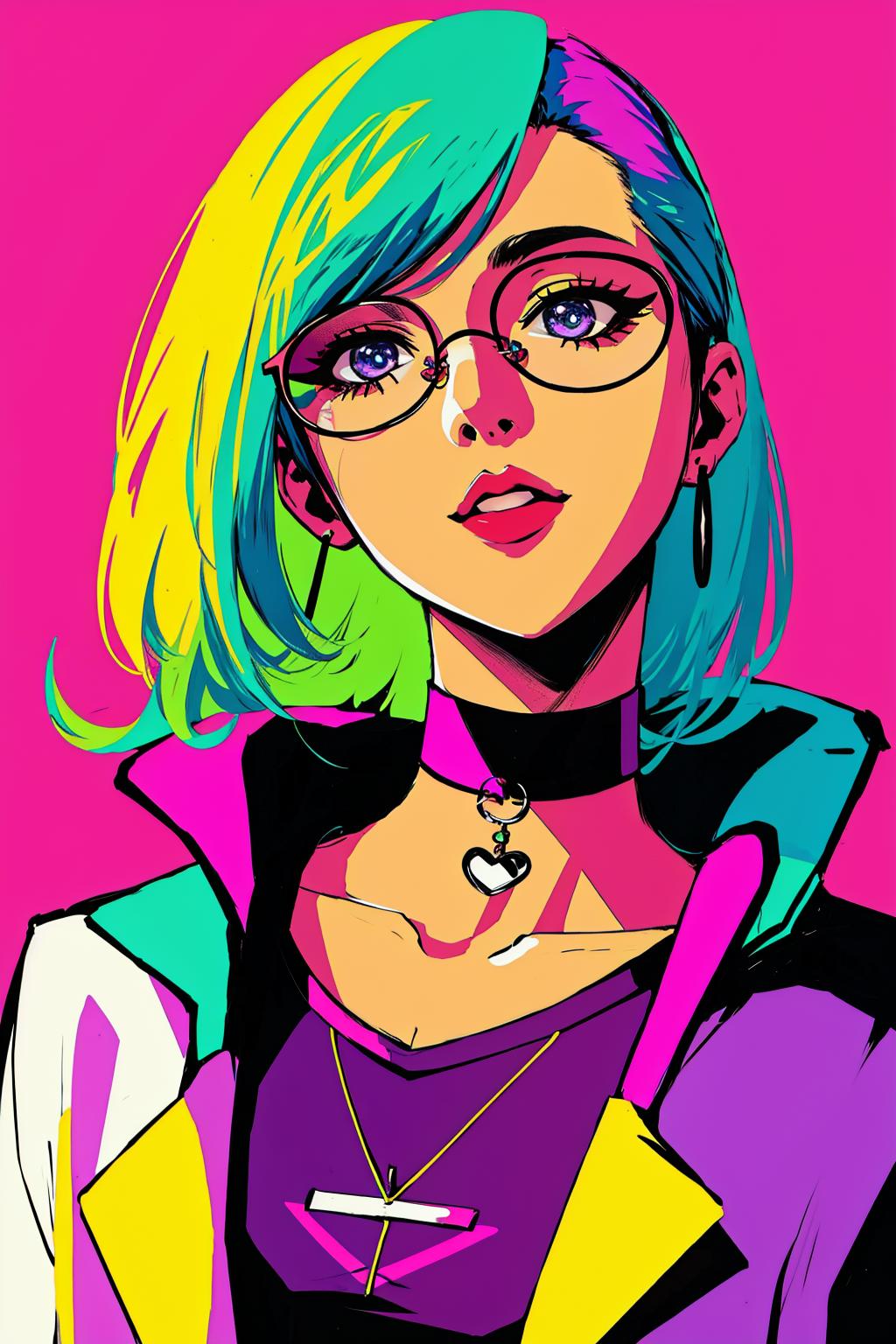 DreamShaper prompt: glasses, choker, <lora:Aesthetic-Portrait-V2:1>, neon palette, <lora:neon_palett...
