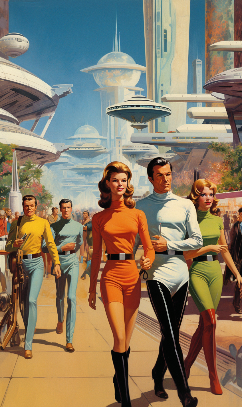 Midjourney prompt: People in colorful outfits walking through the futuristic city of Star Trek, wit...