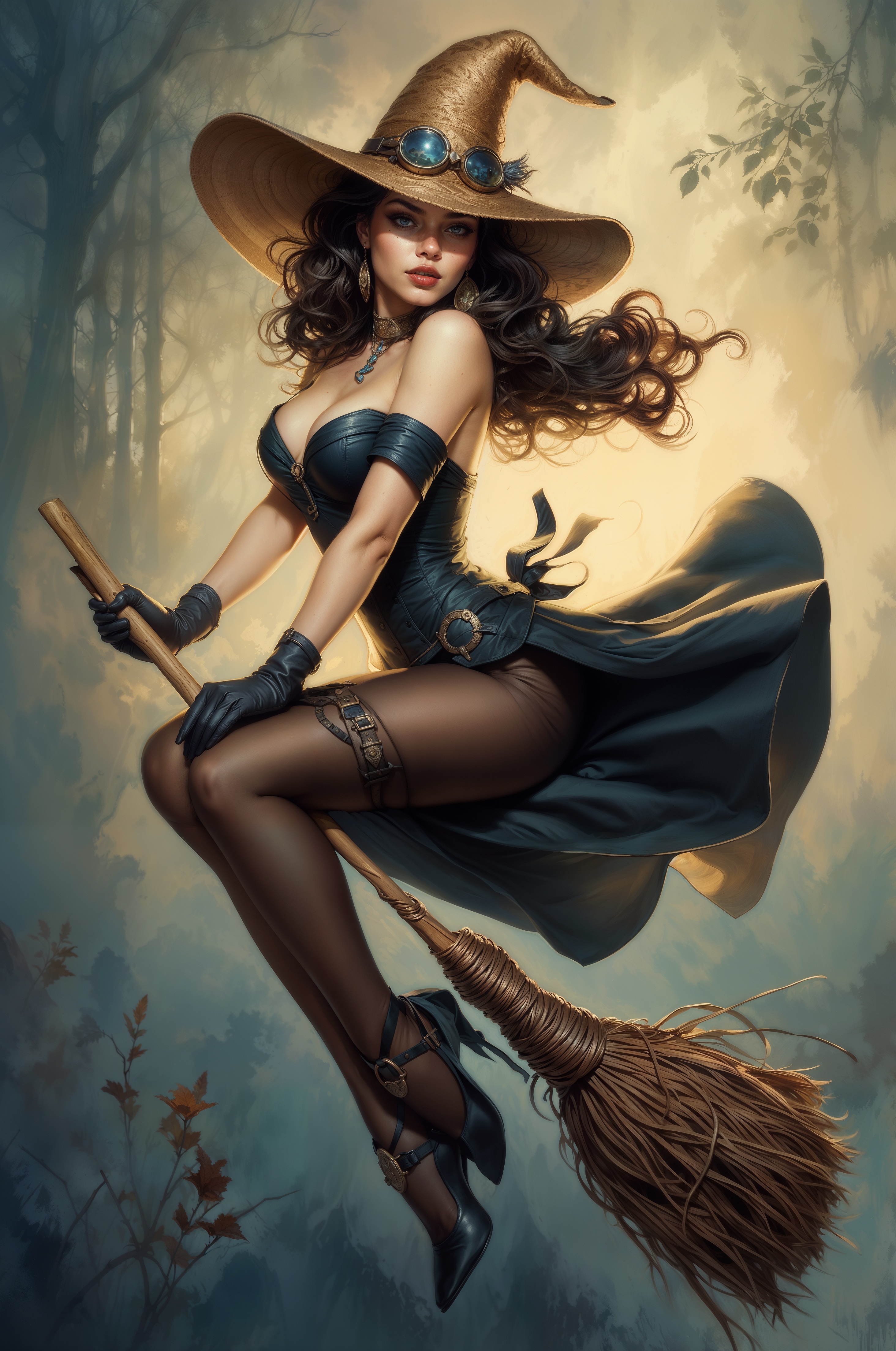 SD XL prompt: A mesmerizing and intricately detailed drawing of a brunette witch, exuding eleg...