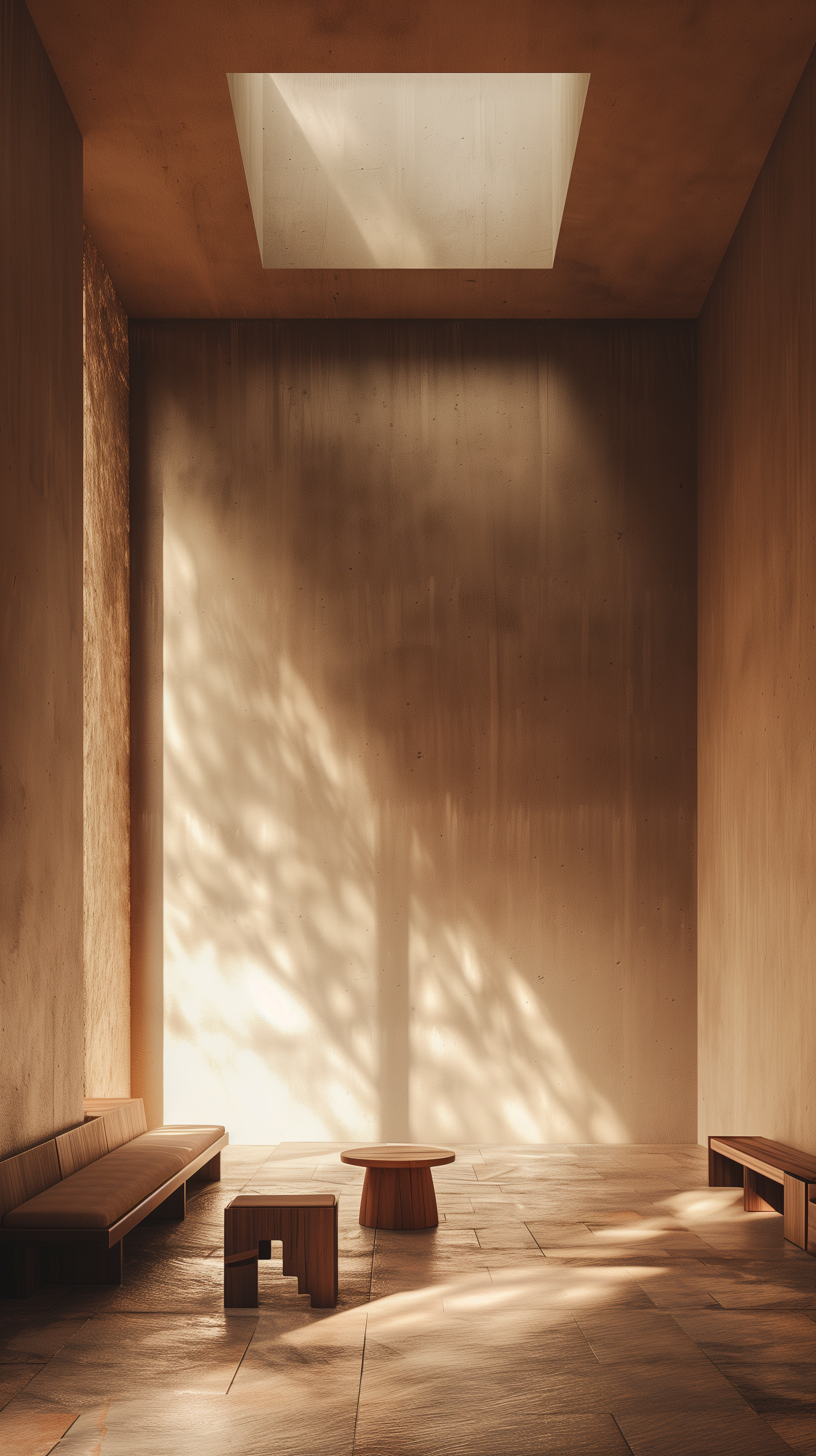Midjourney prompt: photography, minimalist interior space bathed in golden light from an expansive ...