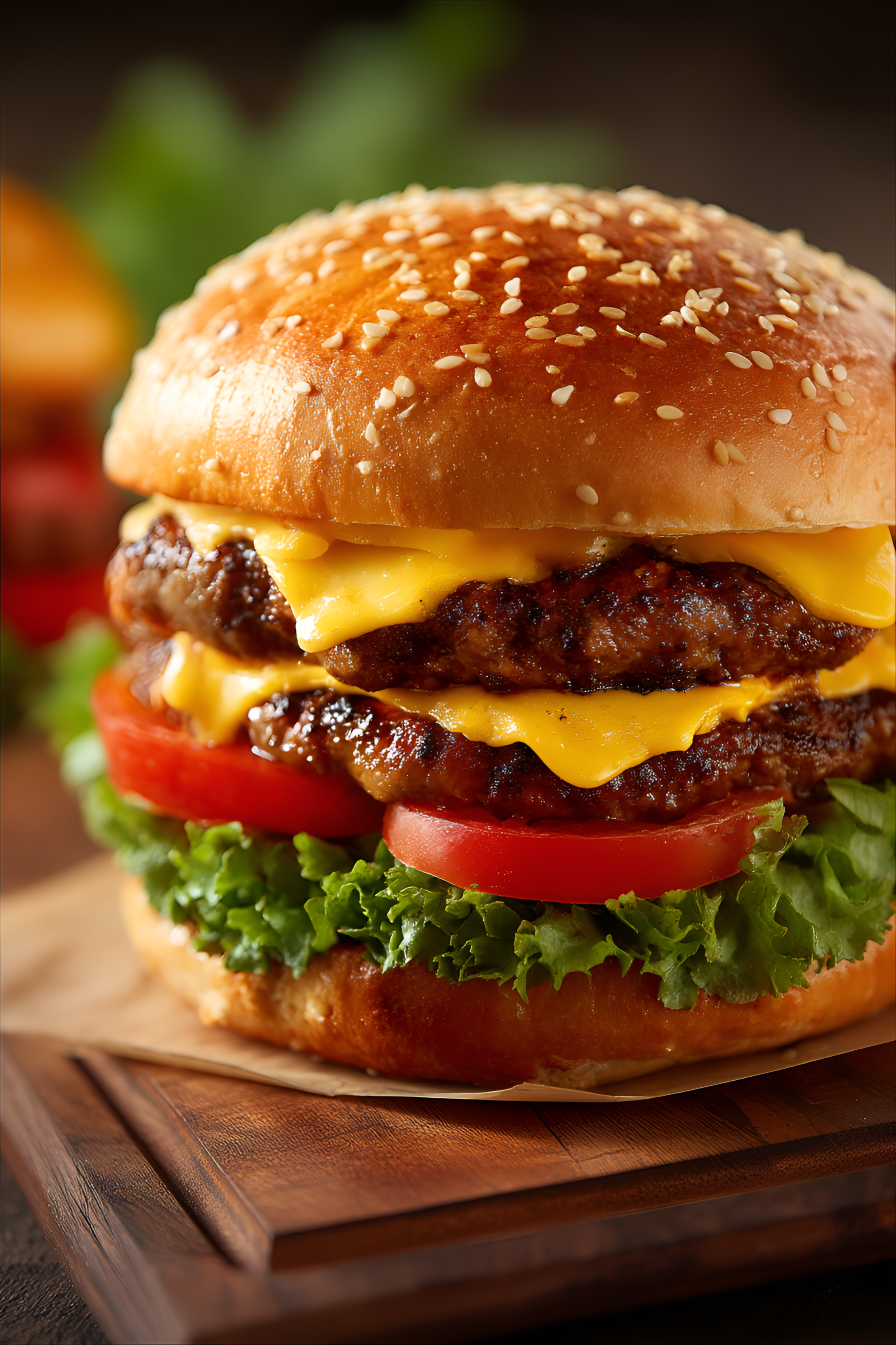 Midjourney prompt: Close-up double cheeseburger, golden-brown sesame seed bun, melted cheddar chees...