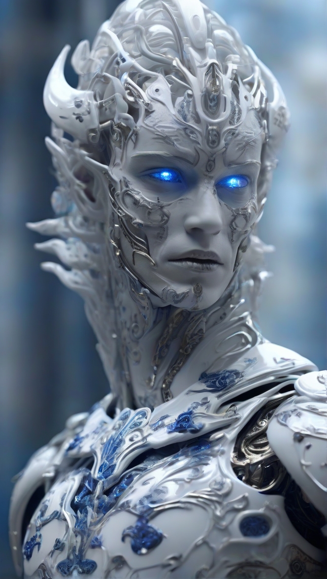Stable Diffusion prompt: humanoid android, covered in white porcelain skin, blue eyes, white wispy ghost ...