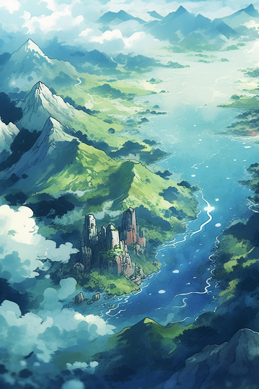 Midjourney prompt: Digital illustration, Aerial view, a mysterious anime landscape, with a calm exp...