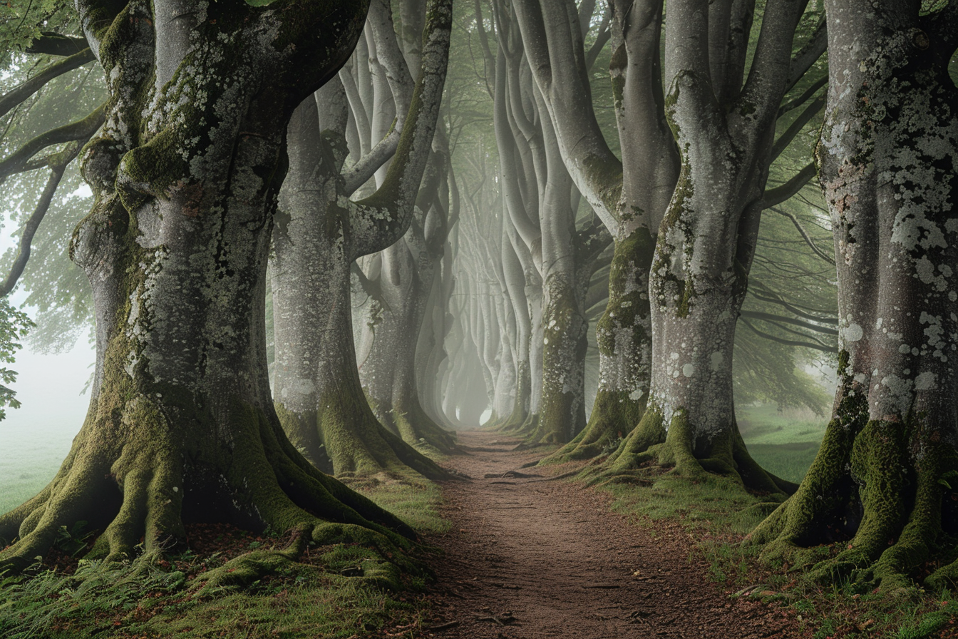 Midjourney prompt: Beautiful photo of the forest with trees with very wide trunks, green moss on th...