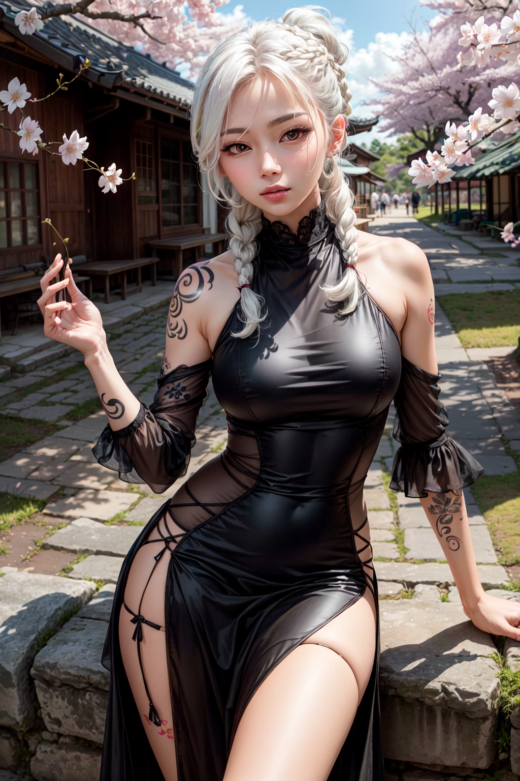 UnstableInkDream prompt: Beautiful Korean kpop idol, (white hair:1.5), (braided ponytail:1.5), (small bre...