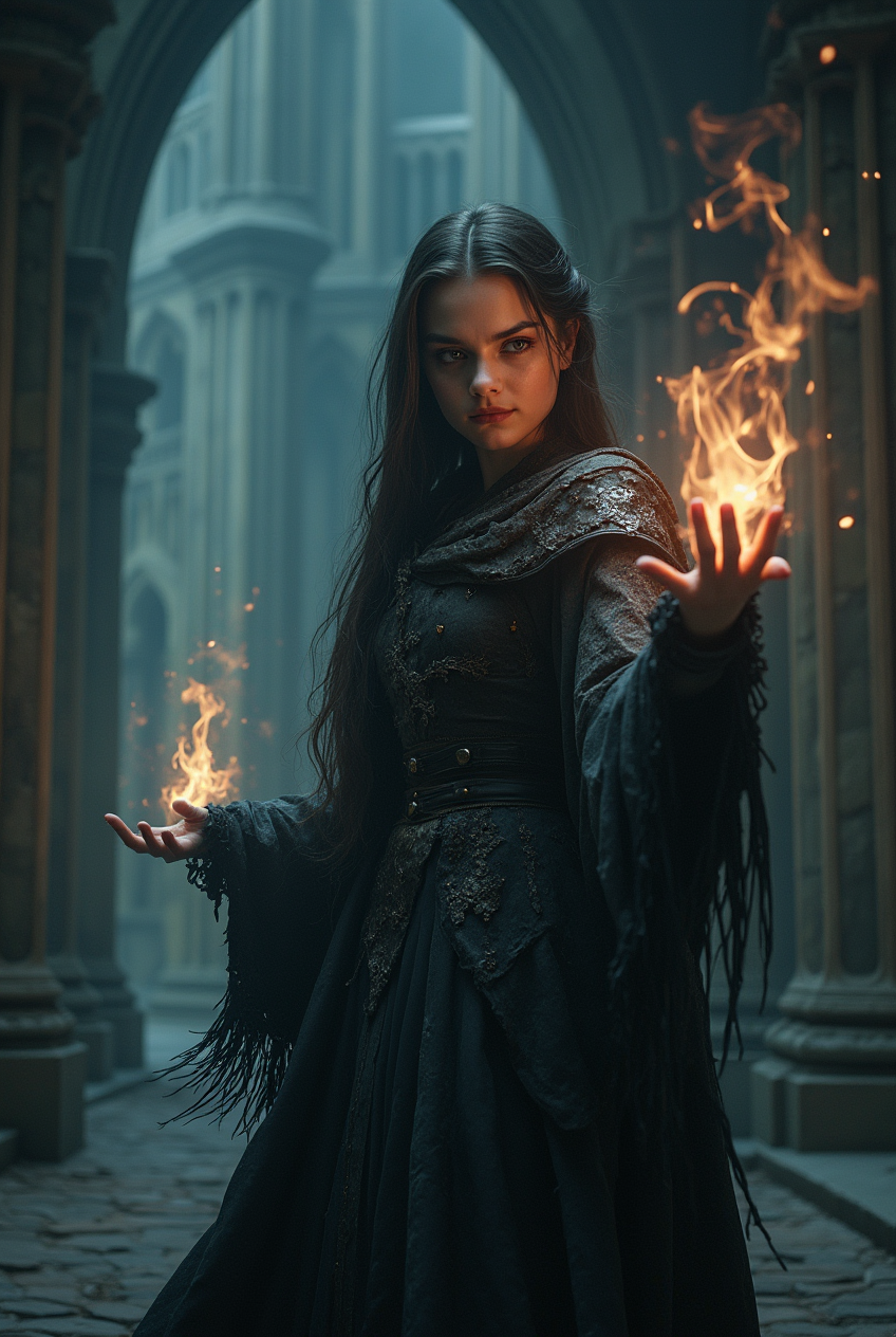 FLUX prompt: dark fantasy ,young mystique woman in a gothic cathedrale,serious look,ghost lig...