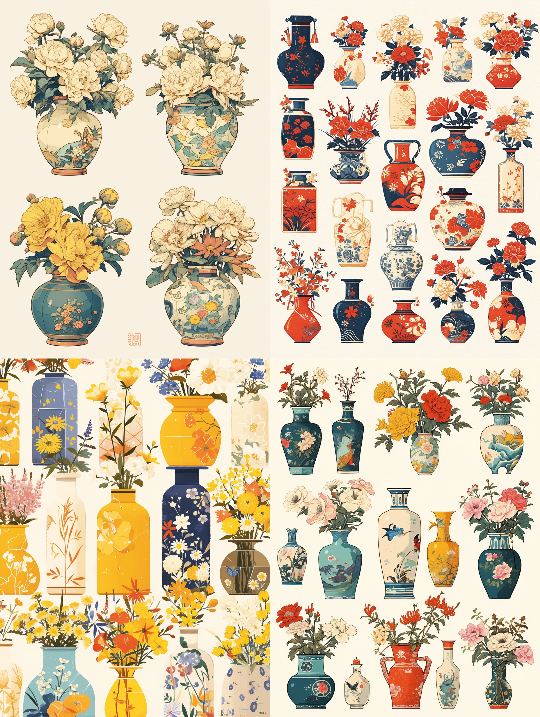 Midjourney prompt: a set of stickers，Flowers in Various vases , illustrations,white background, sti...