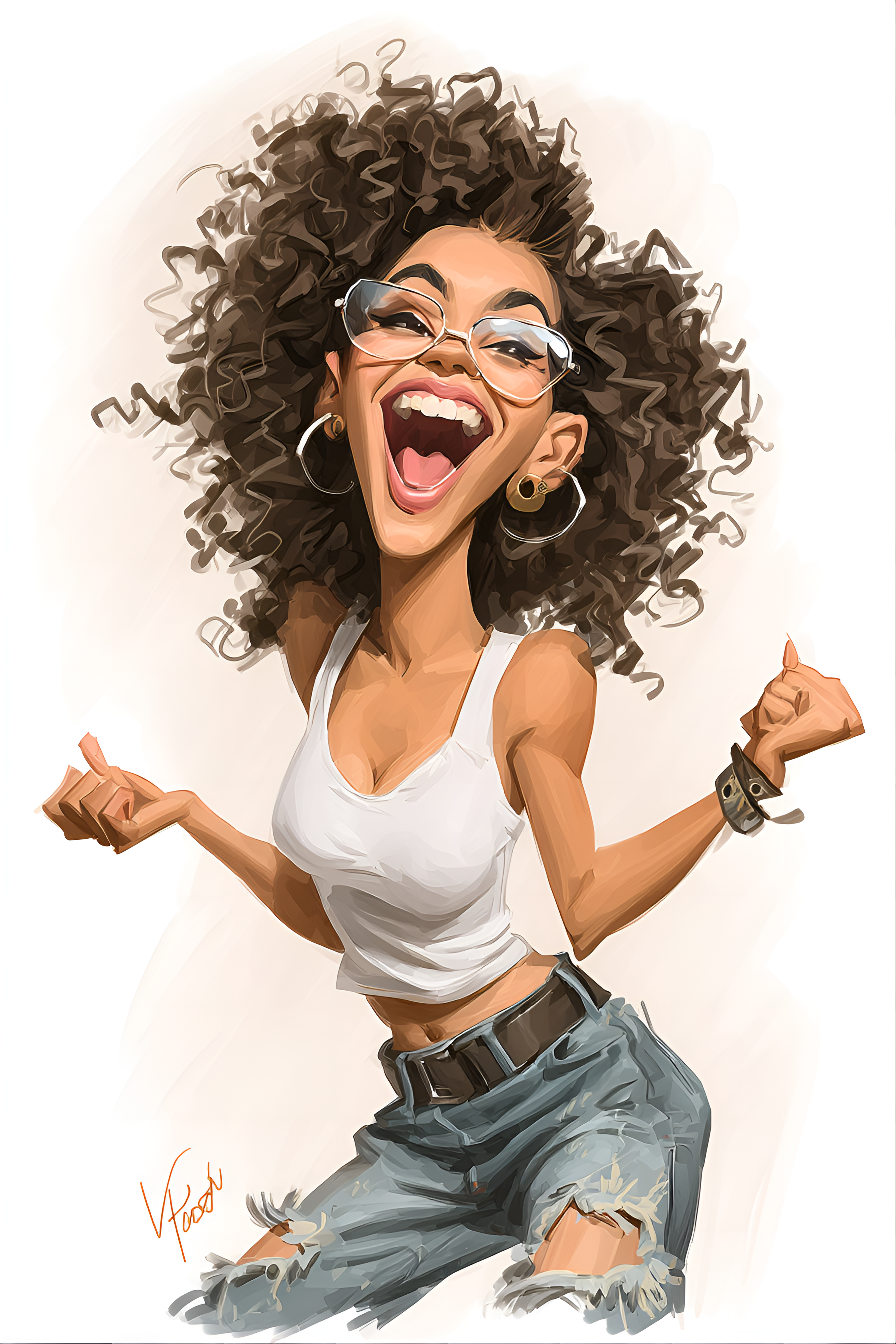 Midjourney prompt: funny caricature, hip-hop dancer caricature, young african-american female, 20 y...