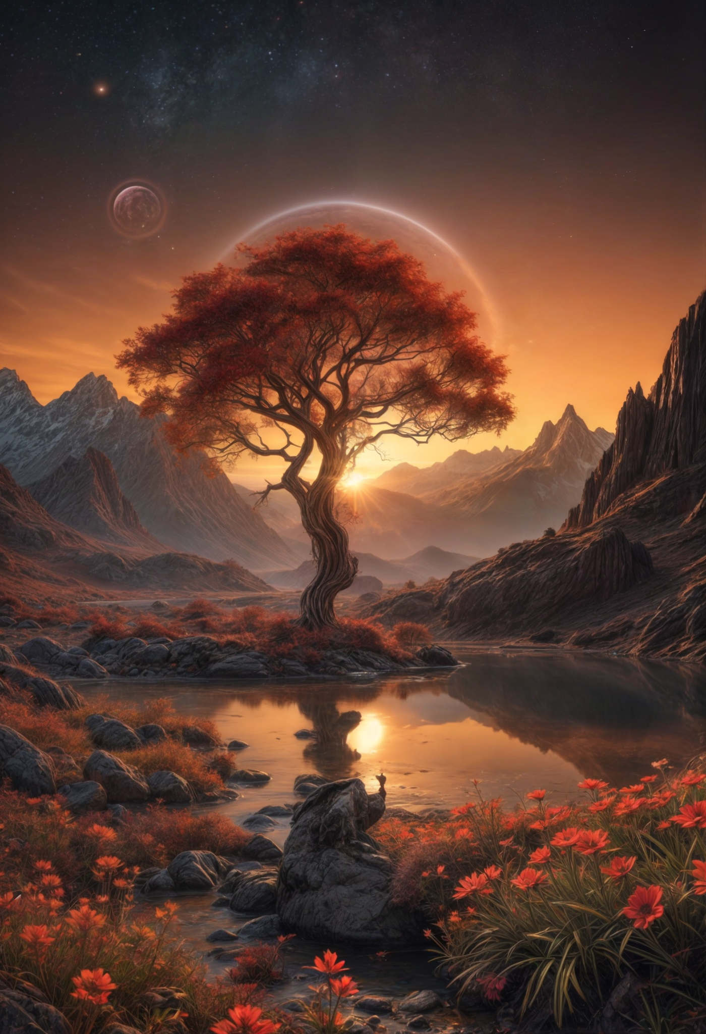 Stable Diffusion prompt: Another World in a far distance galaxy.a serene landscape with a large red tree ...