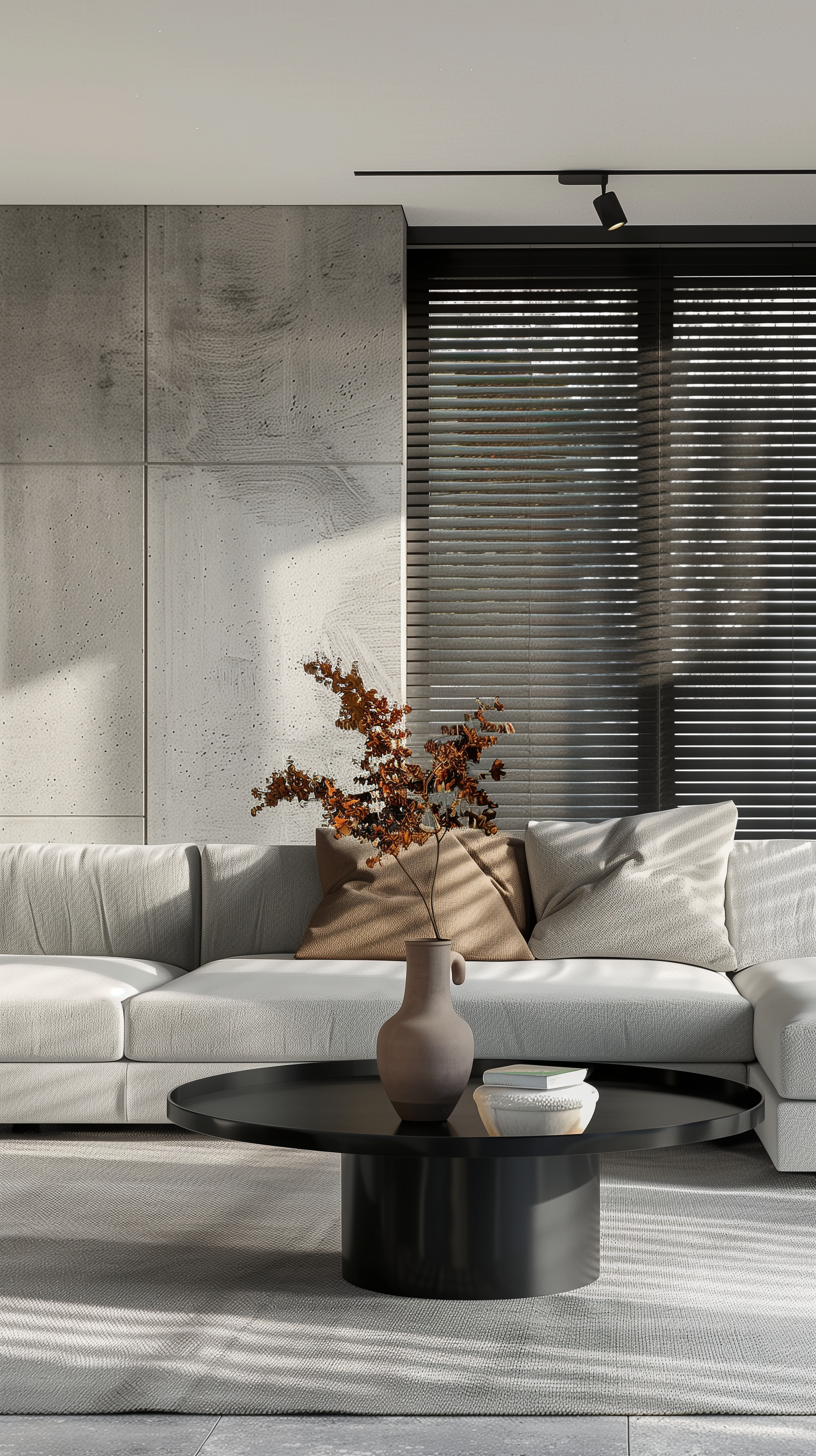 Midjourney prompt: family lounge area that exudes comfort and style, soft gray sectional sofa cente...