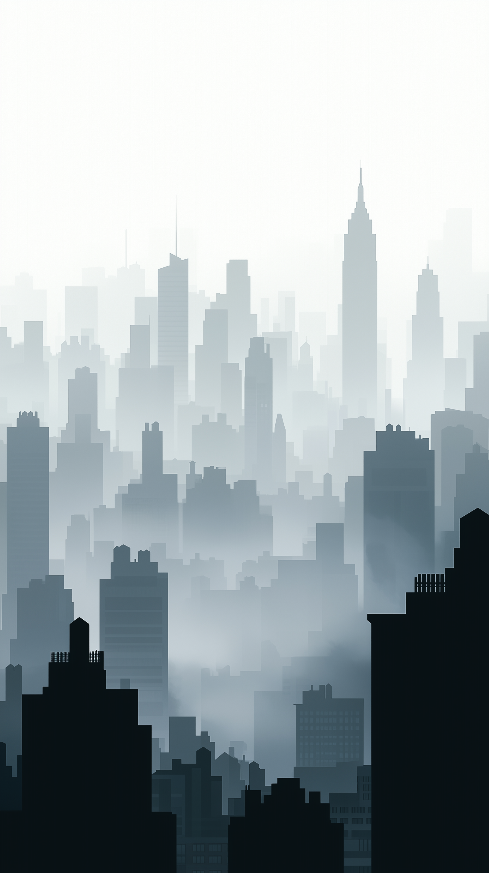 Midjourney prompt: illustration, atmospheric image of a cityscape enveloped in fog, the city varied...