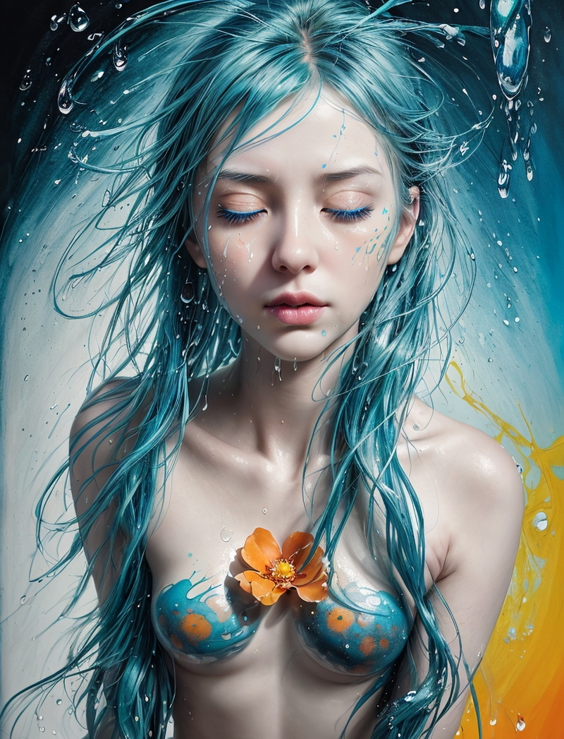 Stable Diffusion prompt: A girl with closed eyes and blue hair, depicted in an artistic style inspired by...