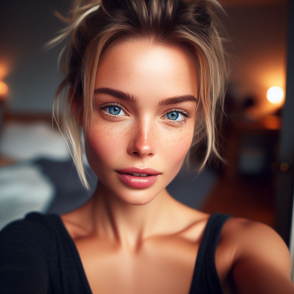 Realistic Vision V2.0 prompt: hyper realistic waist up selfie portrait of a beautiful swedish woman with short...