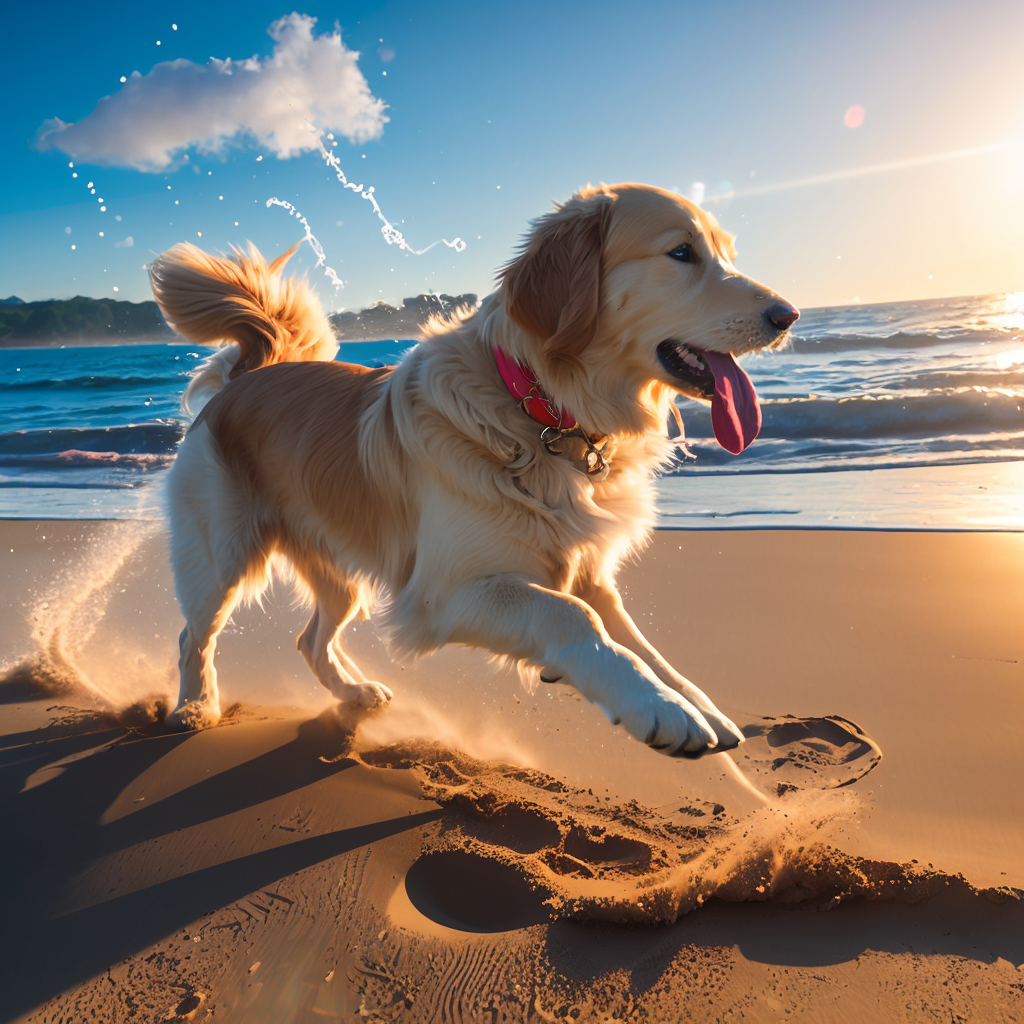 Realistic Vision V2.0 prompt: A playful golden retriever| in full sprint across a (sunny beach:1.2)| its coat ...