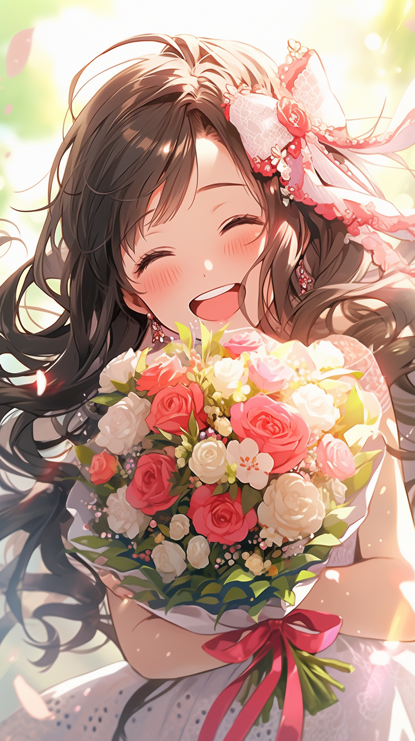 Midjourney prompt: A picture of a joyful young girl holding a bouquet, Disney princess reference, r...
