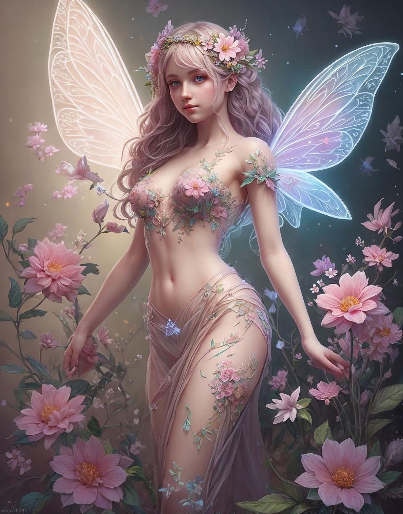 Stable Diffusion prompt: fairy with flowers, pastel colors, extremely detailed, lights, glow, flowers