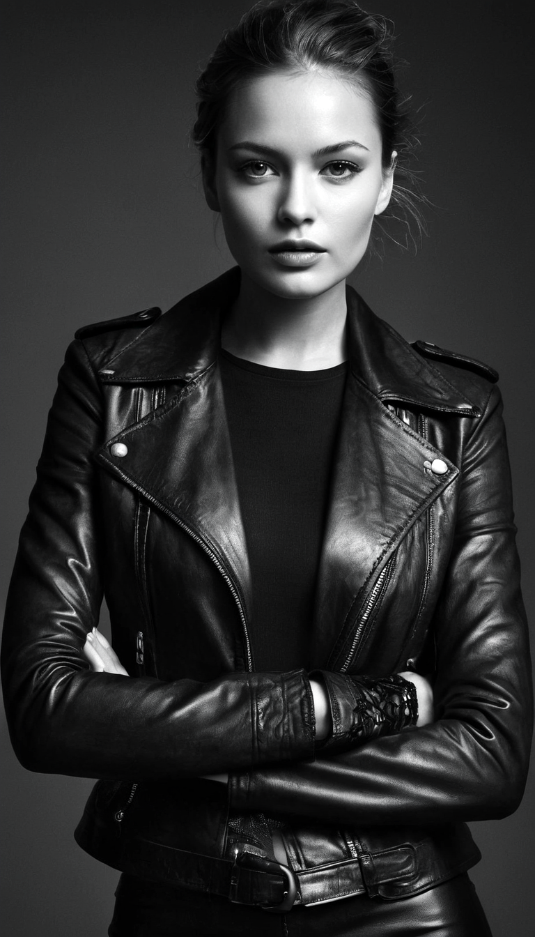 Stable Diffusion prompt: black and white photography, fashion editorial, a darkhaired beautiful woman is ...