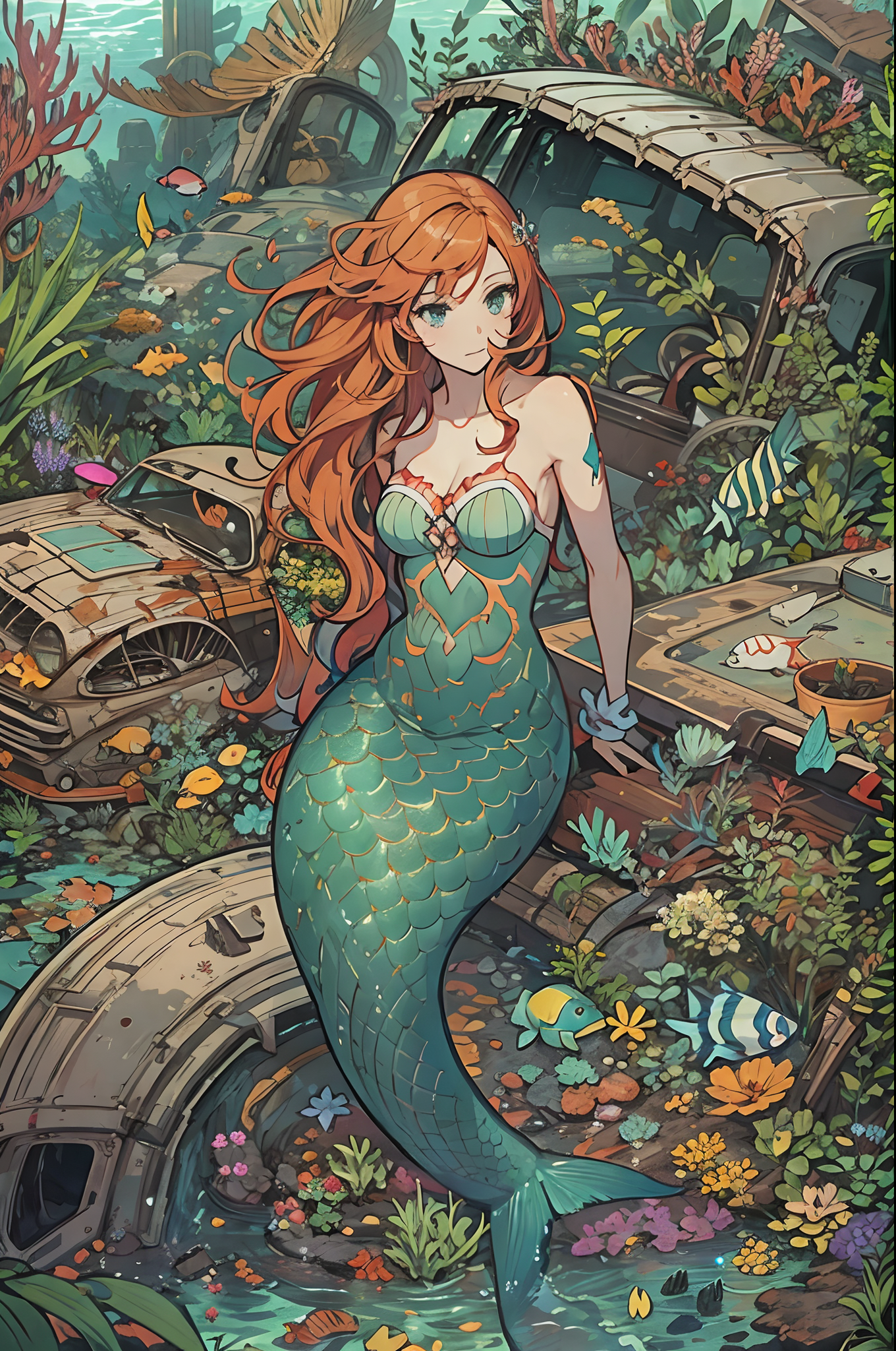 Stable Diffusion prompt: in an aquarium, a mermaid with terracotta hair in a path between chaos plants, d...