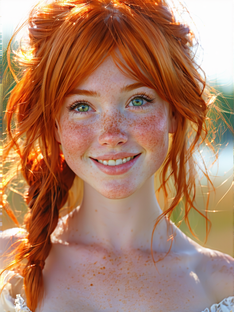 Stable Diffusion prompt: A vibrant redheaded t girl, The young lady's fair, freckled skin is kissed by th...