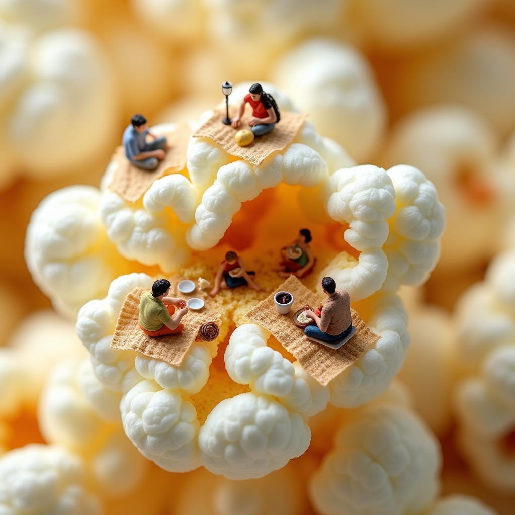 FLUX prompt: A hyper-realistic macro shot of a single popped popcorn kernel, showcasing its f...