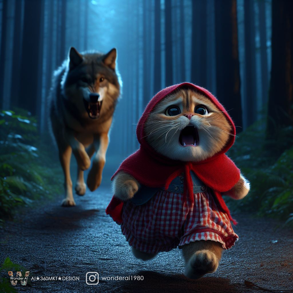 DALL·E prompt: anthropomorphic cute cat, wearing the costume of the fairy tale character Little...