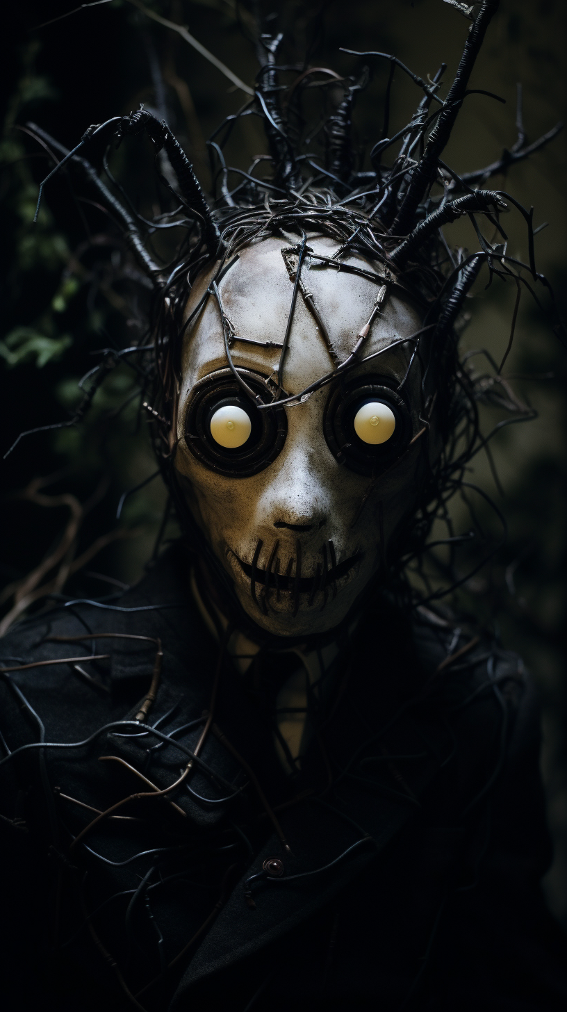 Midjourney prompt: buck bunny style Tim Burton, close-up frightening portrait of a encased in a liv...