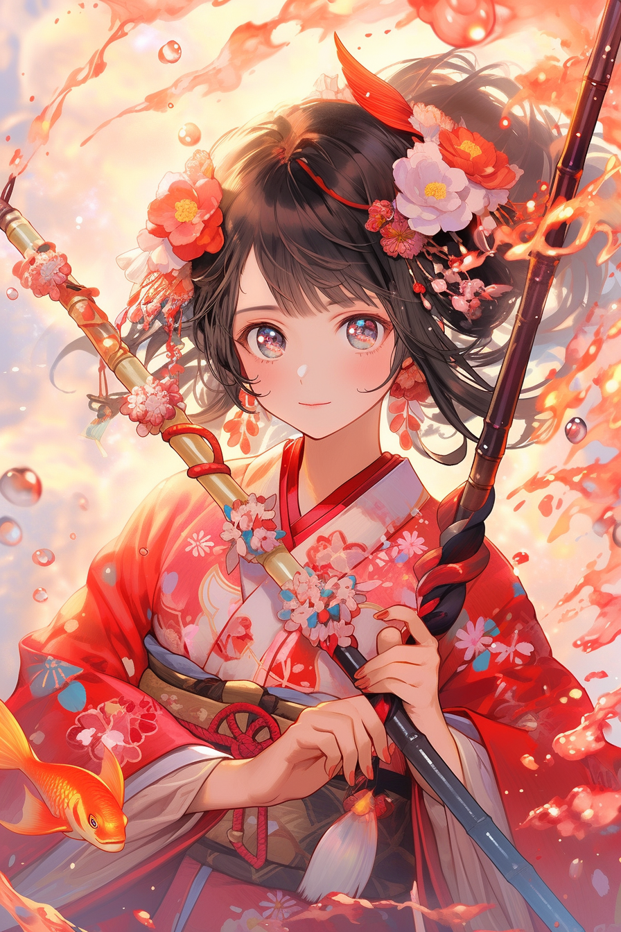 Midjourney prompt: An adorable anime character in a cute heart-shaped necklace, wearing vibrant tra...