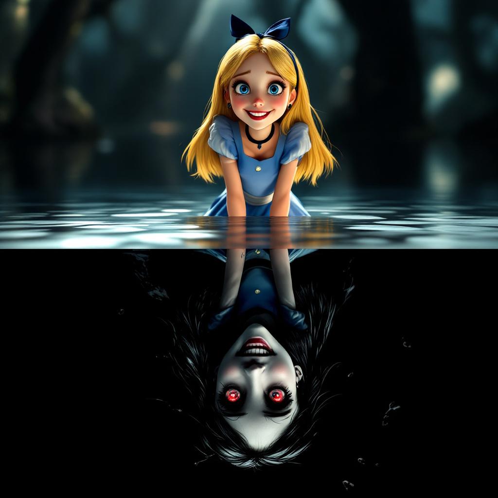 FLUX prompt: Sharp contrast, top: Alice from 'Alice in Wonderland', beautiful surrealist, che...