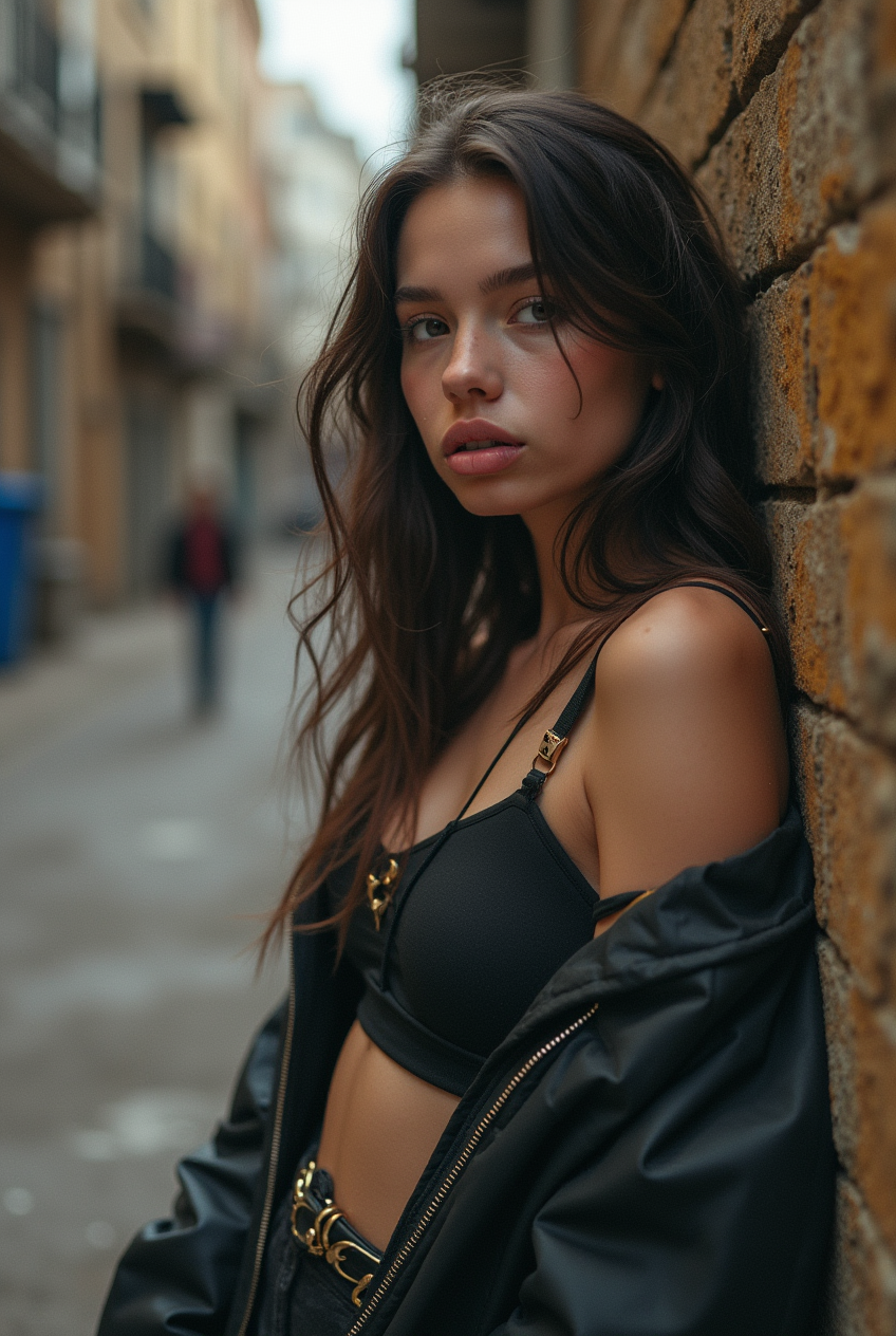FLUX prompt: youngmodel,seductive,in a dirty backstreet in city,leaning at a wall,kissingmout...