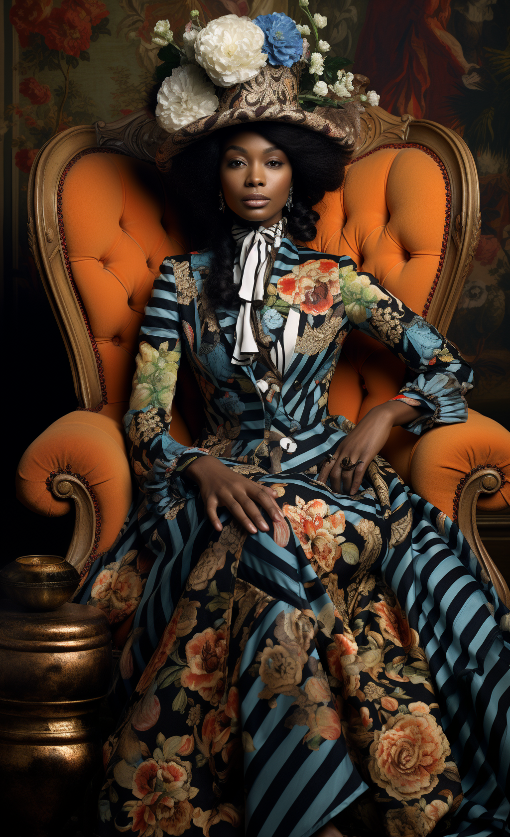 Midjourney prompt: a black woman wearing a crown in the background, a chequered floor, an antique s...