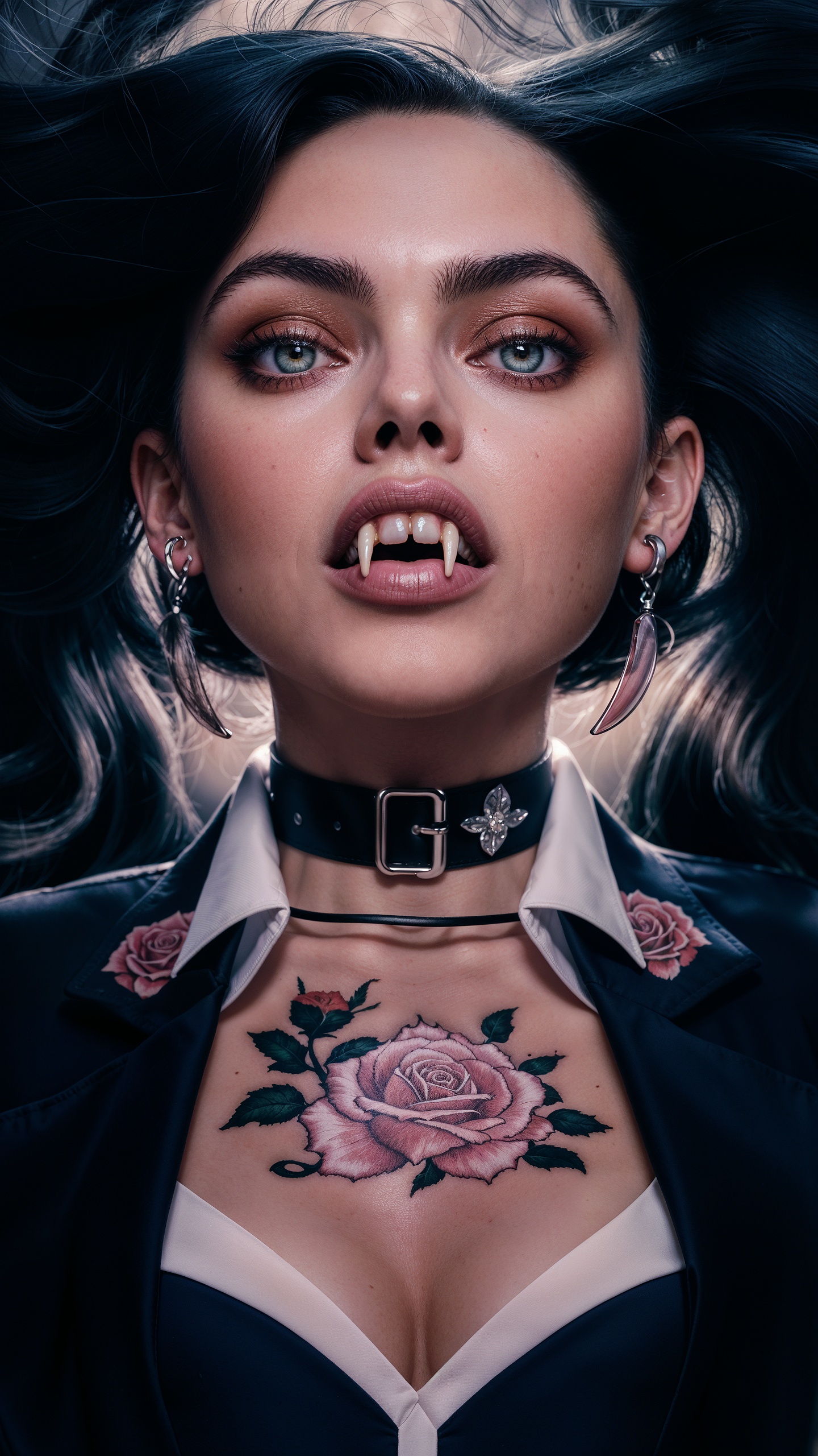 SD XL prompt: A close-up portrait of a woman with striking features. She has long, flowing dar...