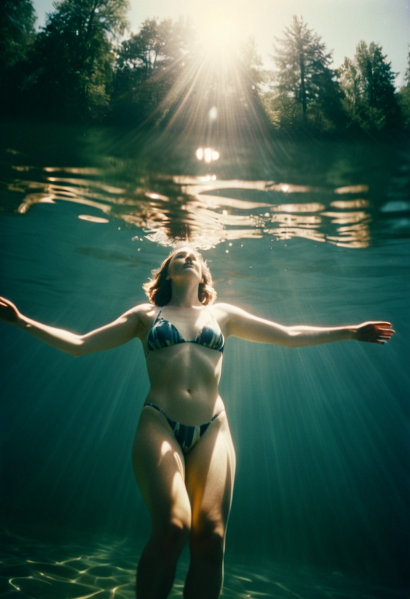 Stable Diffusion prompt: This is a candid, full body, analog film photograph, from below, of a woman swim...