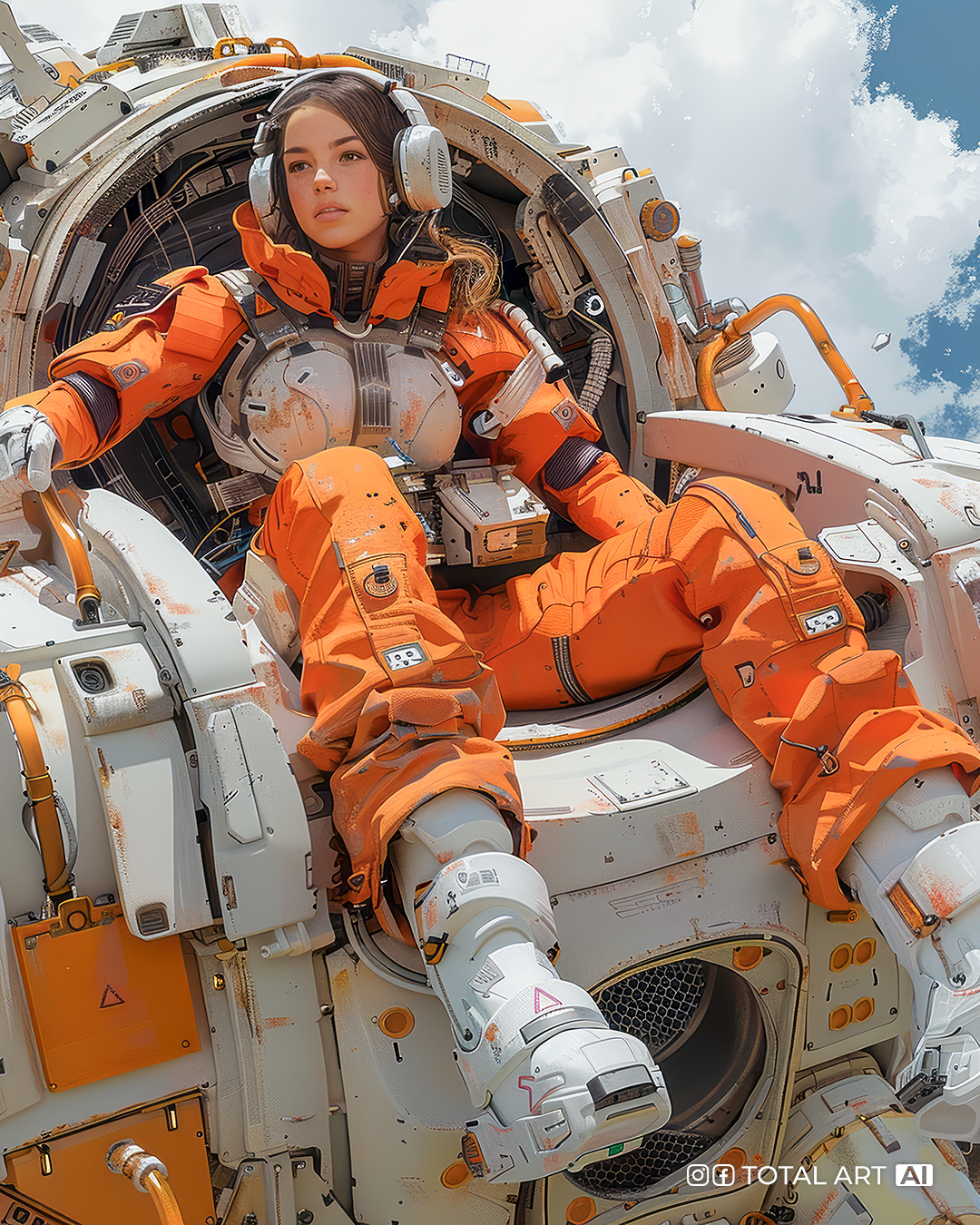 Midjourney prompt: Full body shot of a beautiful European female pilot sitting on top of the mech, ...