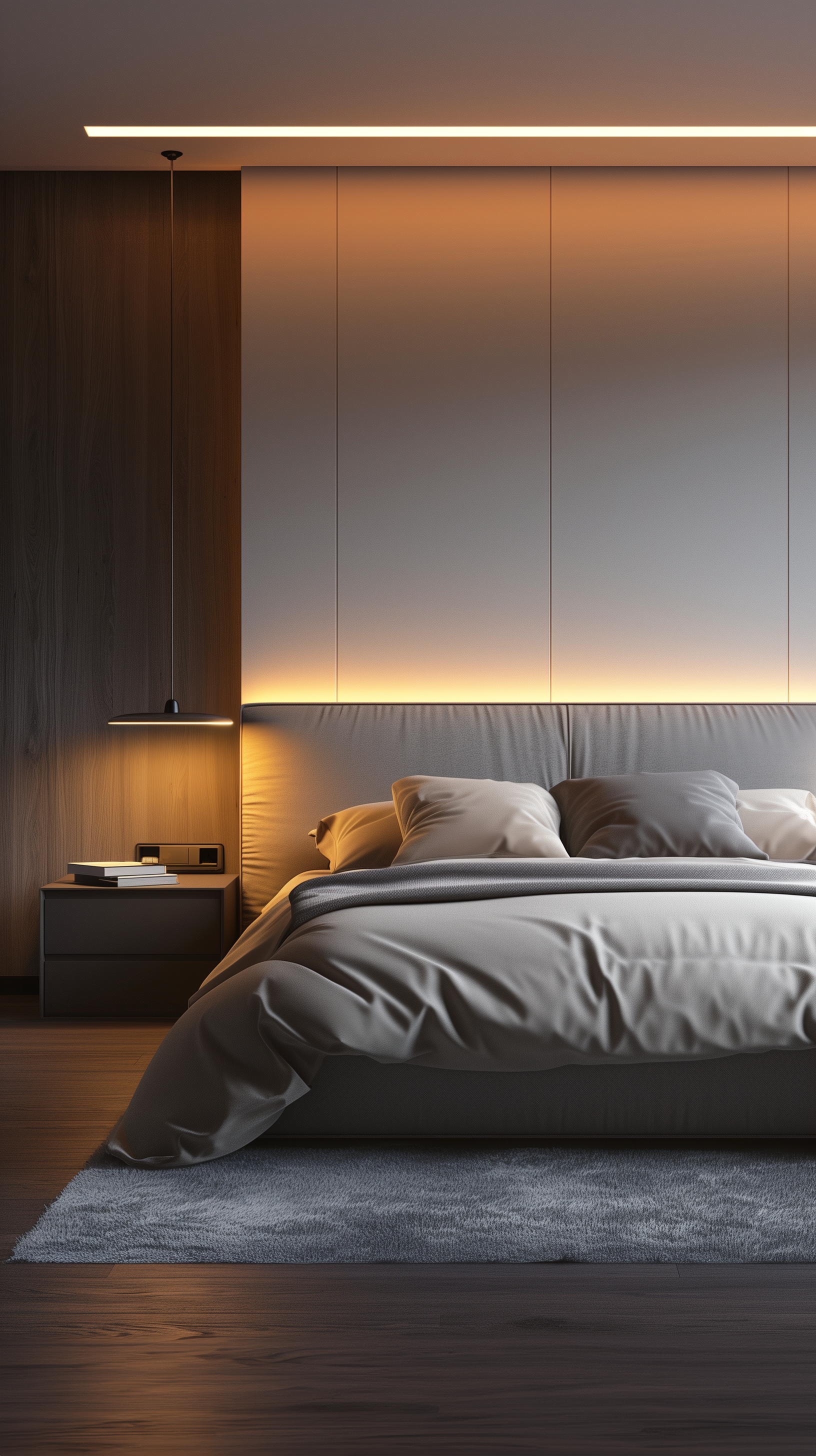 Midjourney prompt: tranquil bedroom design that emphasizes minimalism and comfort, featuring a low ...