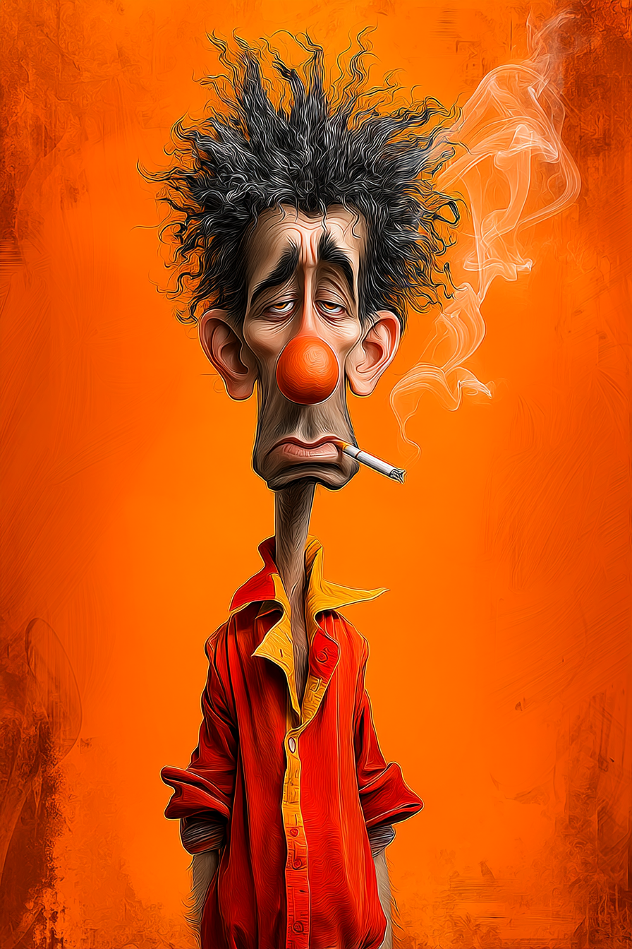 Midjourney prompt: funny caricature, disheveled clown character, male, 45 years old, messy, grumpy,...